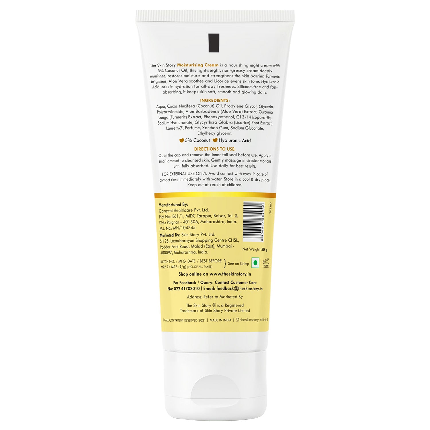 Moisturising Night Cream 5% Coconut Oil Deep Nourishing & Brightening 50g