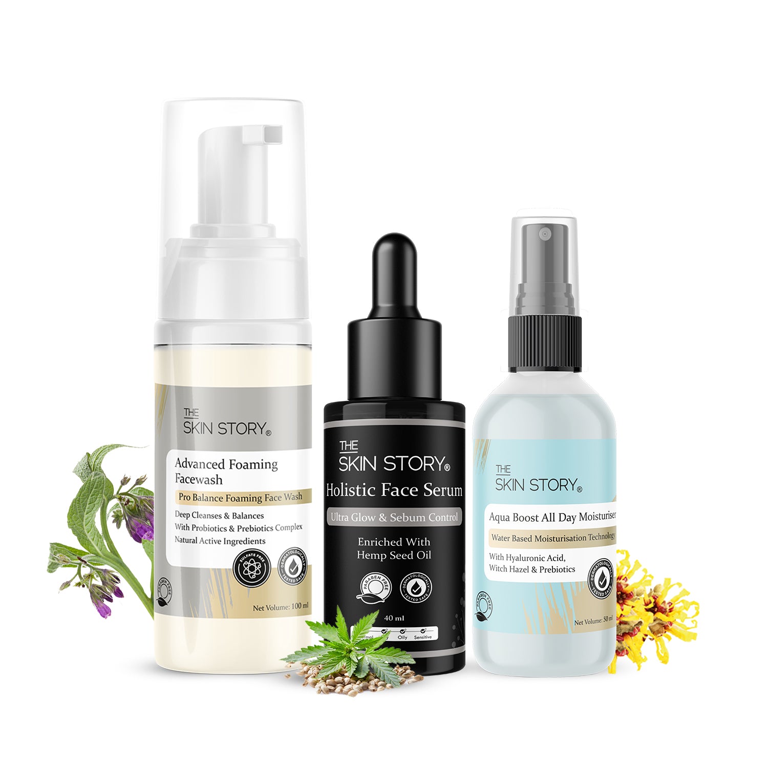 The Skin Story Oil Control Essentials Trio (CTM) (The Skin Story Advanced Foaming Facewash, 100ml The Skin Story Holistic Serum, 40ml The Skin Story Aqua Boost Moisturiser, 50ml)