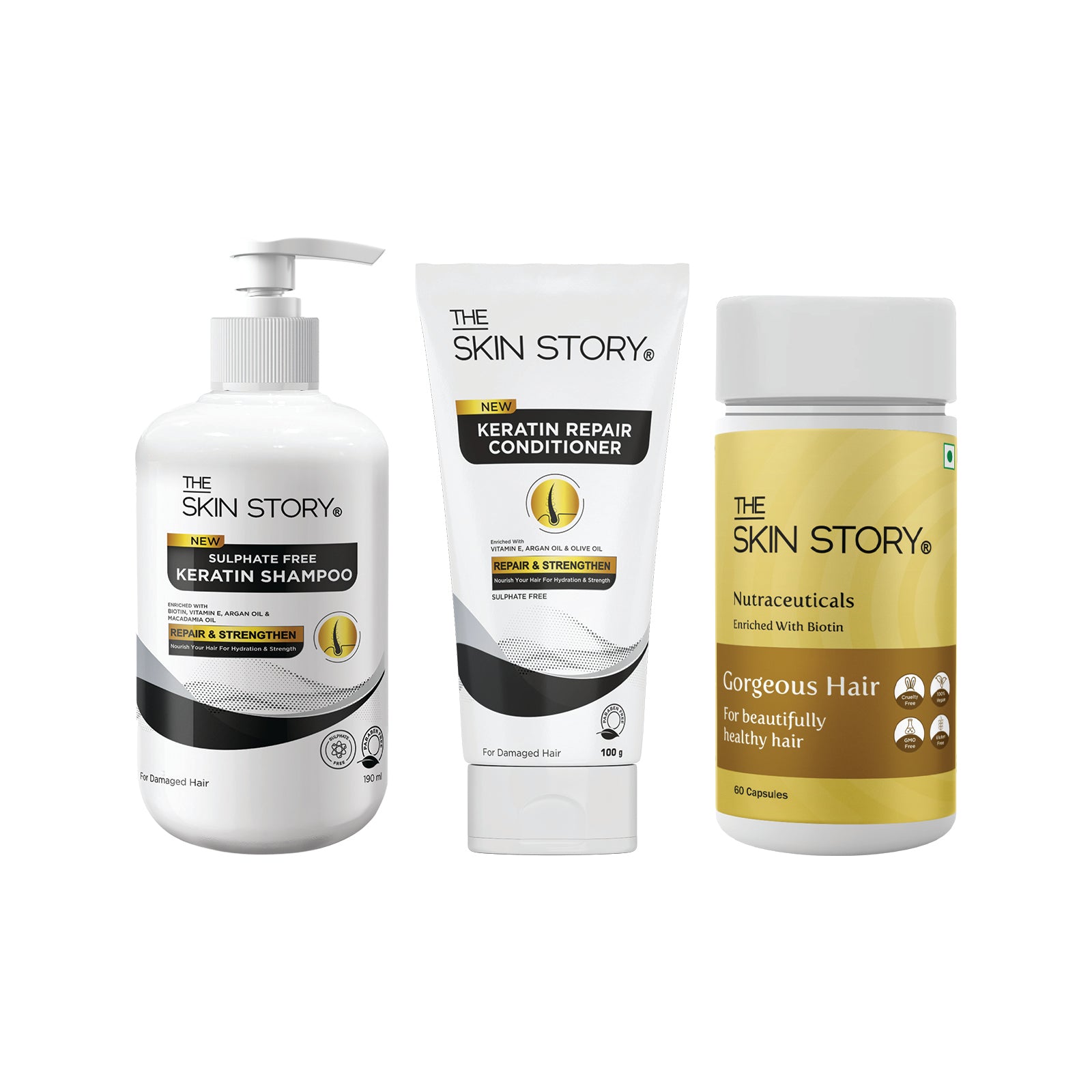 Damage Repair Hair Combo | Gorgeous Hair Multivitamins for hair, Sulfate Free Shampoo and Conditioner for Damaged and Chemically Treated Hair
