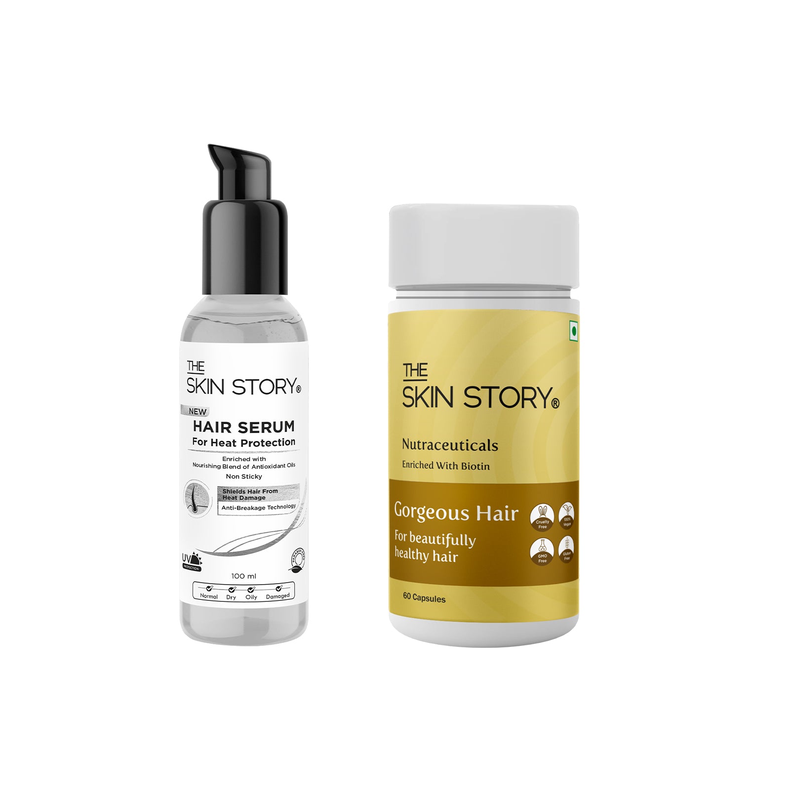 The Skin Story Hair Care for Damage Protection | for Healthy and Beautiful Hair | Gorgeous Hair Multivitamin Capsules, Heat Protection Serum