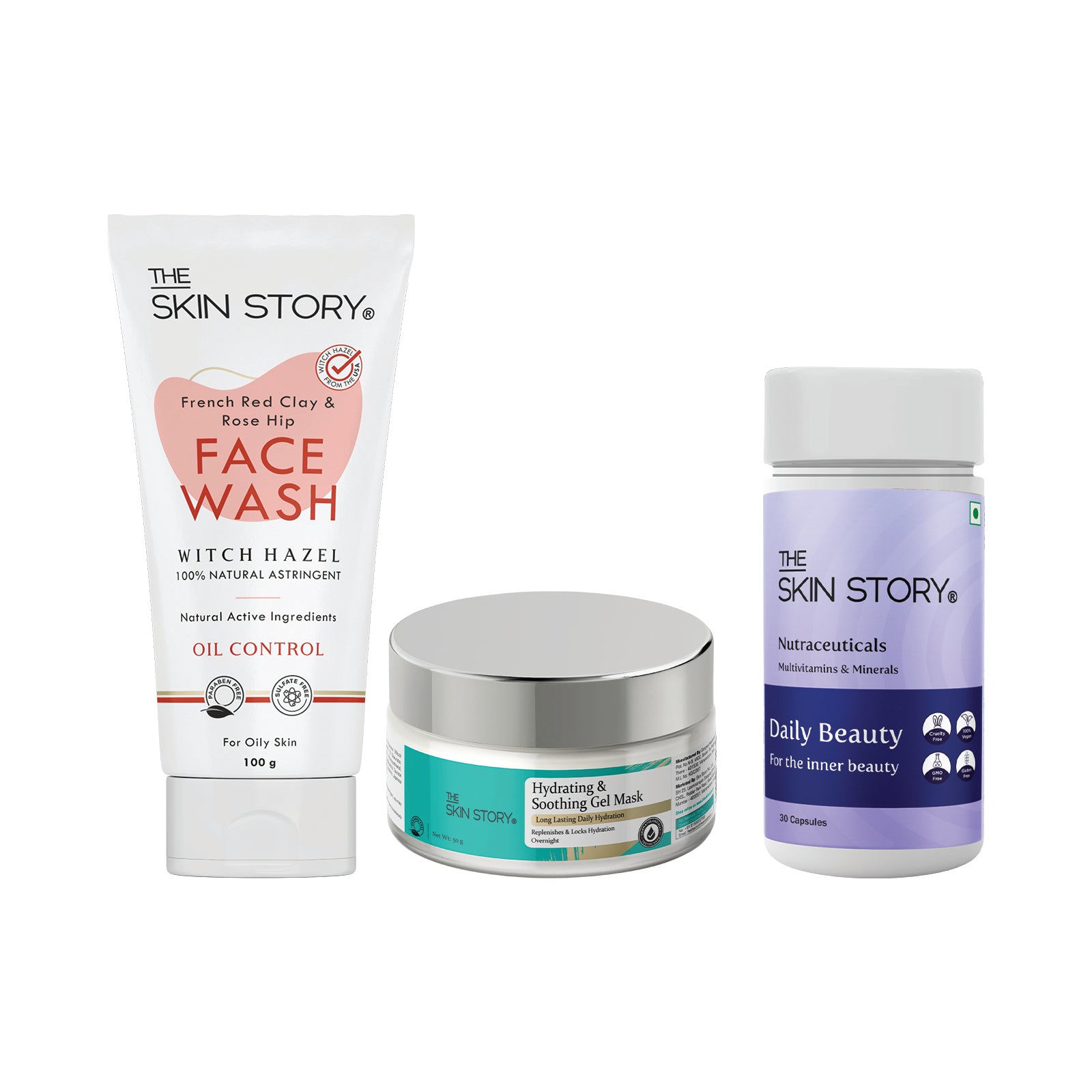 Oily Skin BFF | Ultra Restoring Gel Moisturizer | French Red Clay Facewash | Daily Beauty Multivitamins