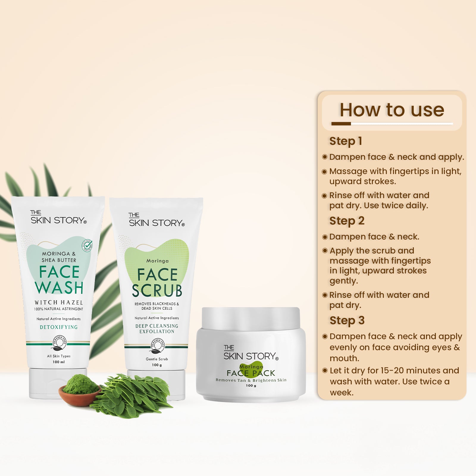 Face Care Kit for Dull Skin (Face Wash + Face Scrub + Face Pack) Deep Cleansing & Moisturisation | Moringa Care