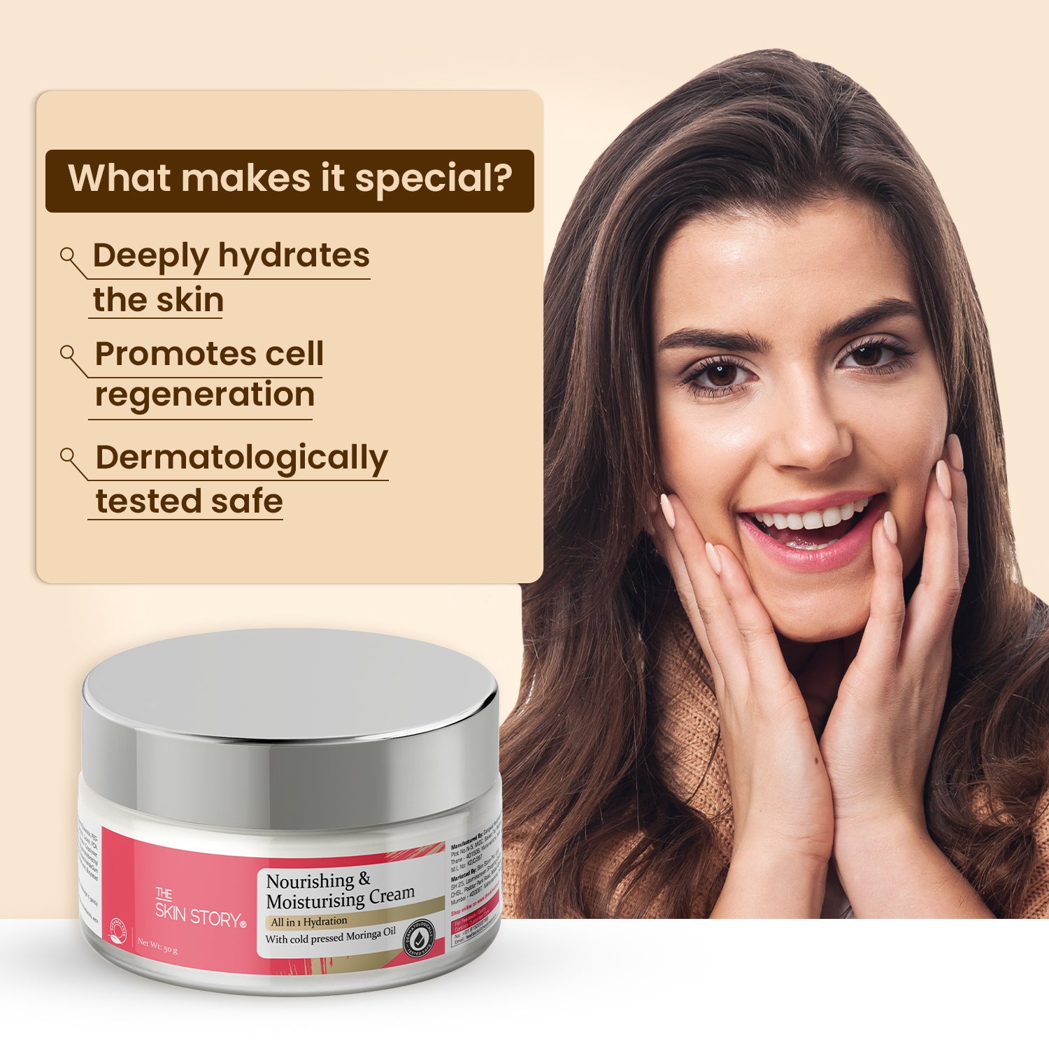 Moisturising Cream | Intense Hydration | Non Oily | All Skin Types | Moringa, Wheat Protein, Amino Acids | 50g