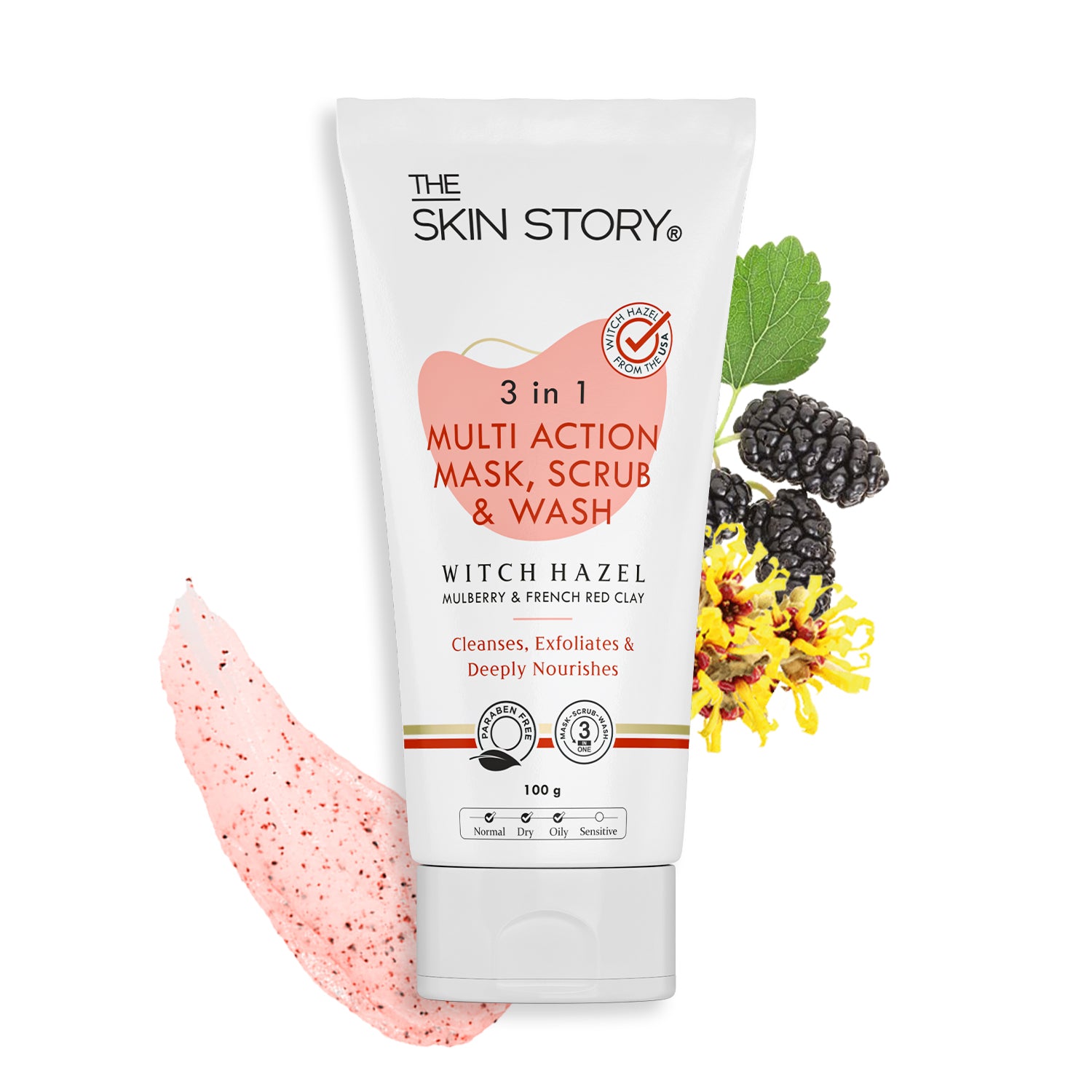 3 in 1 Wash, Scrub & Pack Deep Cleanses & Exfoliates Witch Hazel, Mulberry & French Red Clay 100g