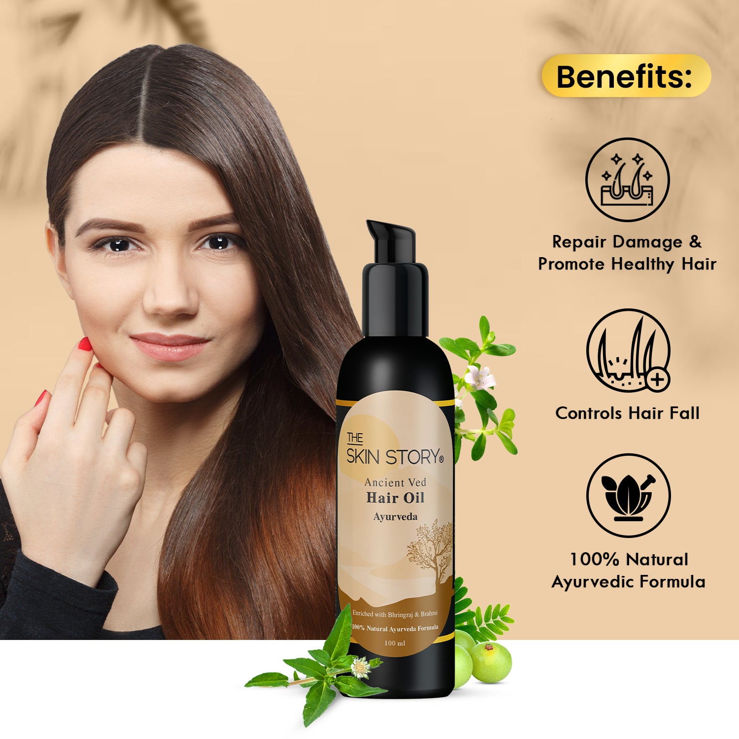 The Skin Story Ancient Ved Hair Oil | Ayurvedic Hair Oil | Amla, Brahmi & Bhringraj | 100% Natural Ayurveda | 100 ml