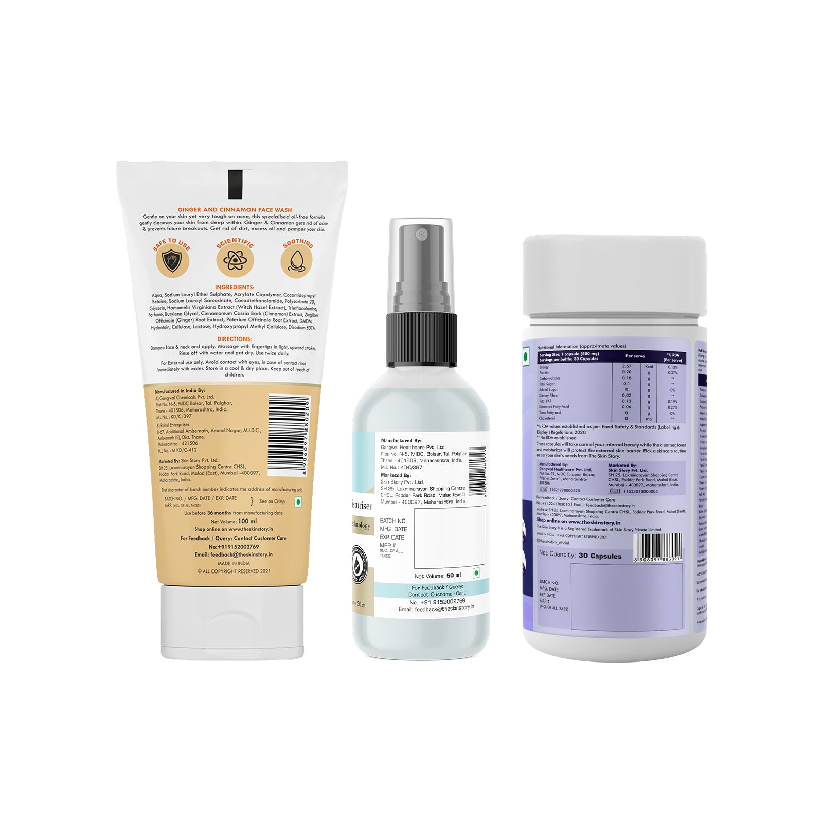 Acne At Bay Skincare Combo | Ginger Cinnamon Facewash | Aqua Boost Liquid Moisturizer | Daily Beauty Multivitamins | for Oily Acne Prone Skin