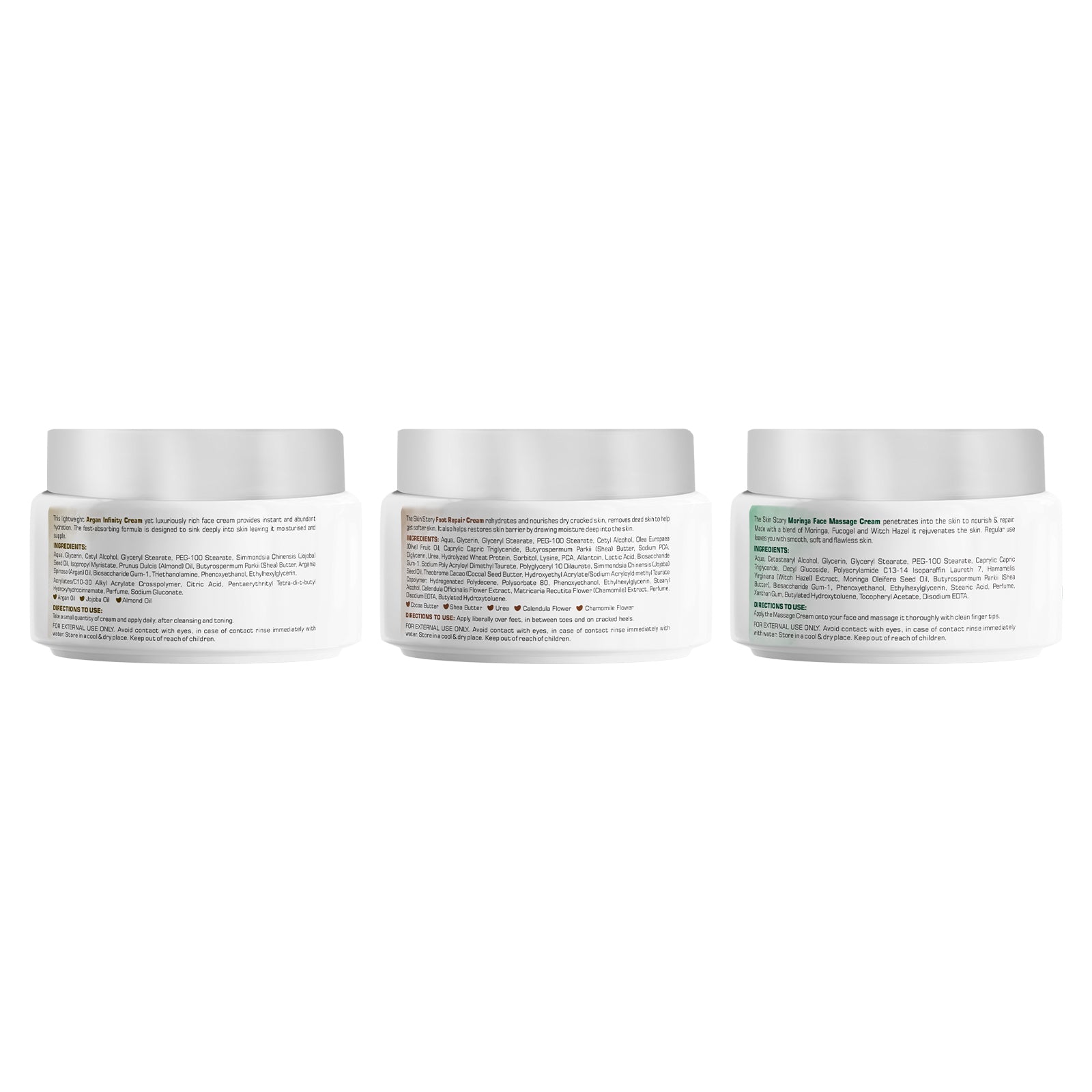 Winter Trio ( The Skin Story Moringa Face Massage Cream, 50g The Skin Story Foot Repair Cream, 45g The Skin Story Argan Infinity Cream, 50g)