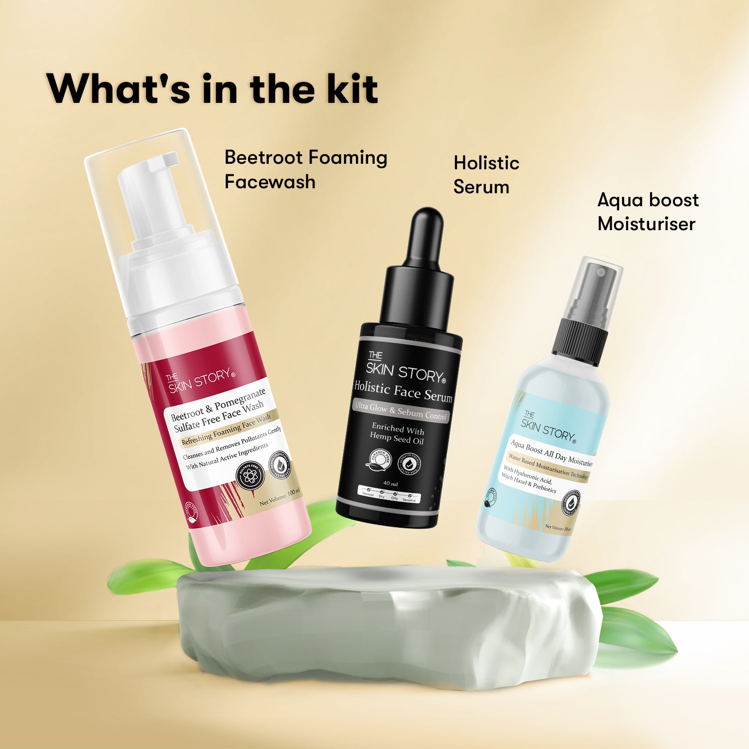 The Skin Story Oil Control Essentials Trio (CTM) (The Skin Story Advanced Foaming Facewash, 100ml The Skin Story Holistic Serum, 40ml The Skin Story Aqua Boost Moisturiser, 50ml)