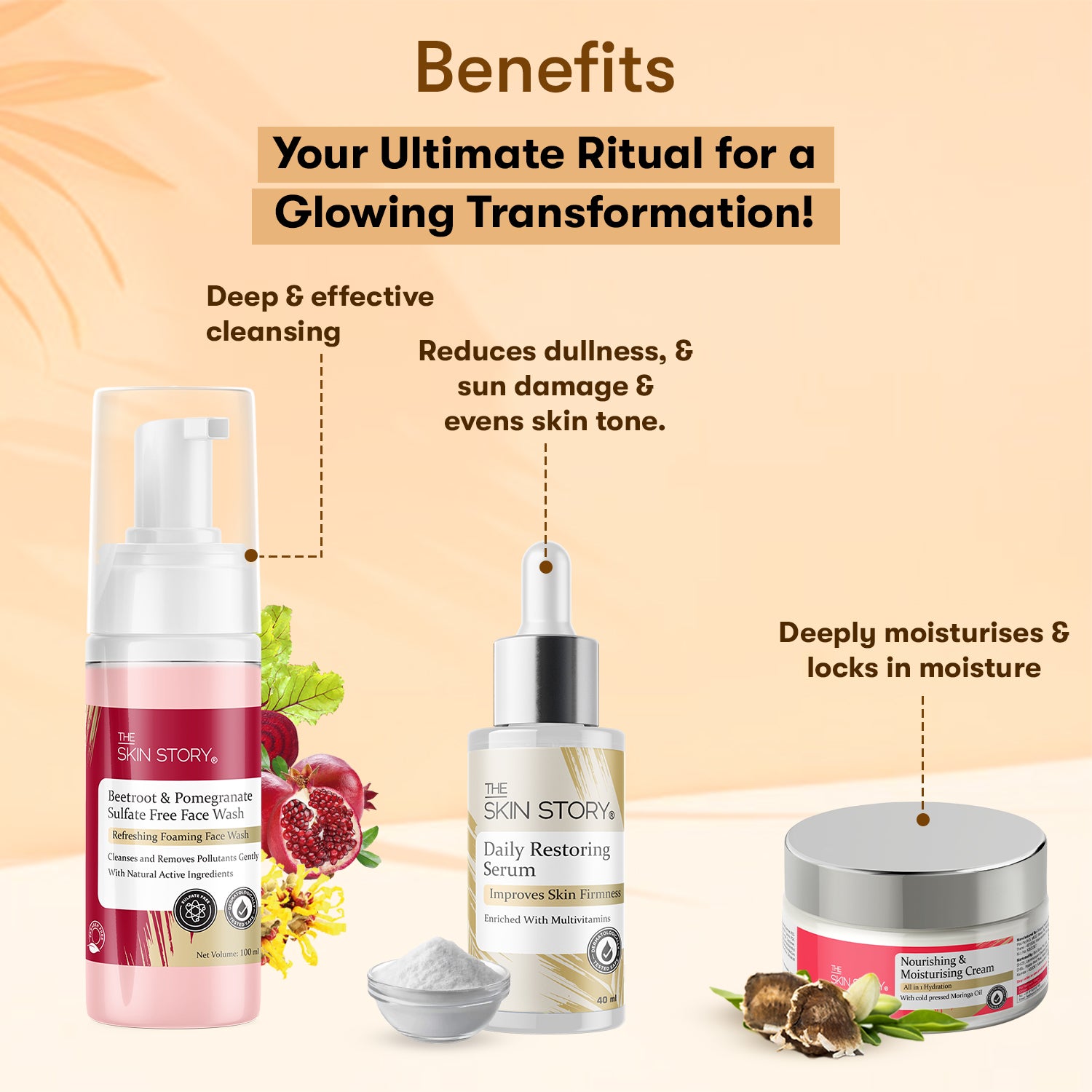The Skin Story Youth Restoring Set (WRM) (The Skin Story Beetroot Foaming Facewash, 100ml The Skin Story Restoring Serum, 40ml The Skin Story Nourishing & Moisturising Cream, 50g)