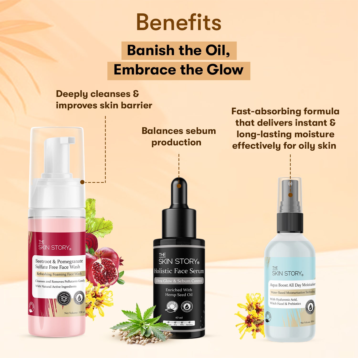 The Skin Story Oil Control Essentials Trio (CTM) (The Skin Story Advanced Foaming Facewash, 100ml The Skin Story Holistic Serum, 40ml The Skin Story Aqua Boost Moisturiser, 50ml)