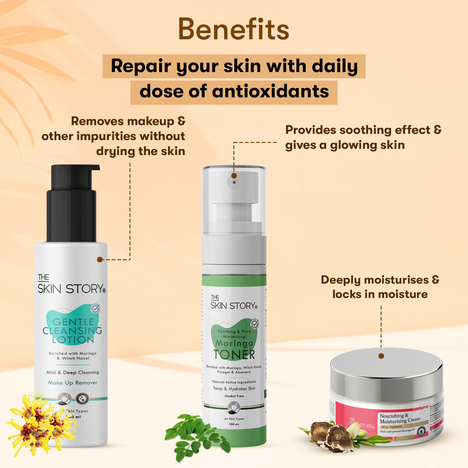 The Skin Story Classic Care Collection (CTM) (The Skin Story Gentle Cleansing Lotion, 100ml The Skin Story Moringa Toner, 100ml The Skin Story Nourishing & Moisturising Cream, 50g)