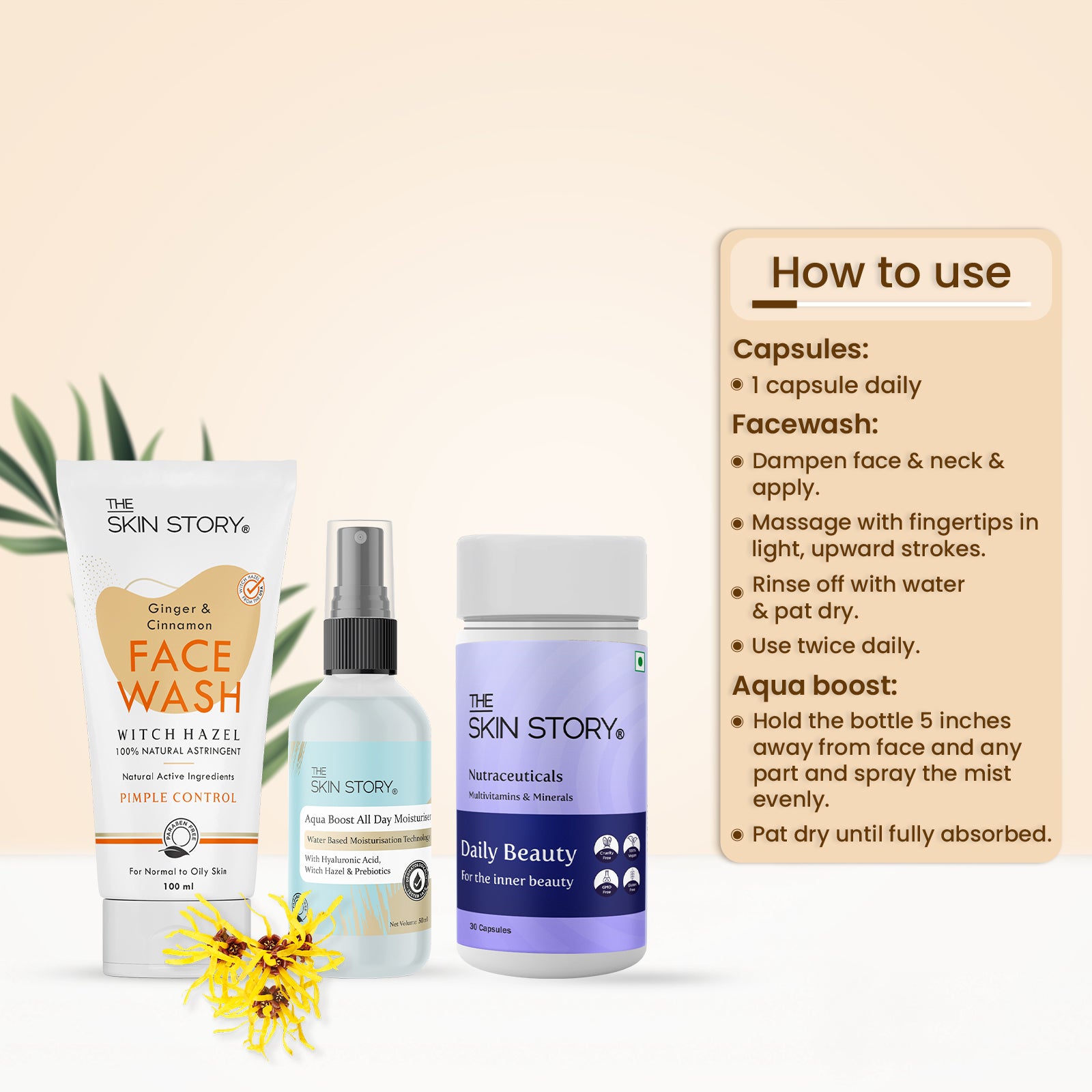 Acne At Bay Skincare Combo | Ginger Cinnamon Facewash | Aqua Boost Liquid Moisturizer | Daily Beauty Multivitamins | for Oily Acne Prone Skin