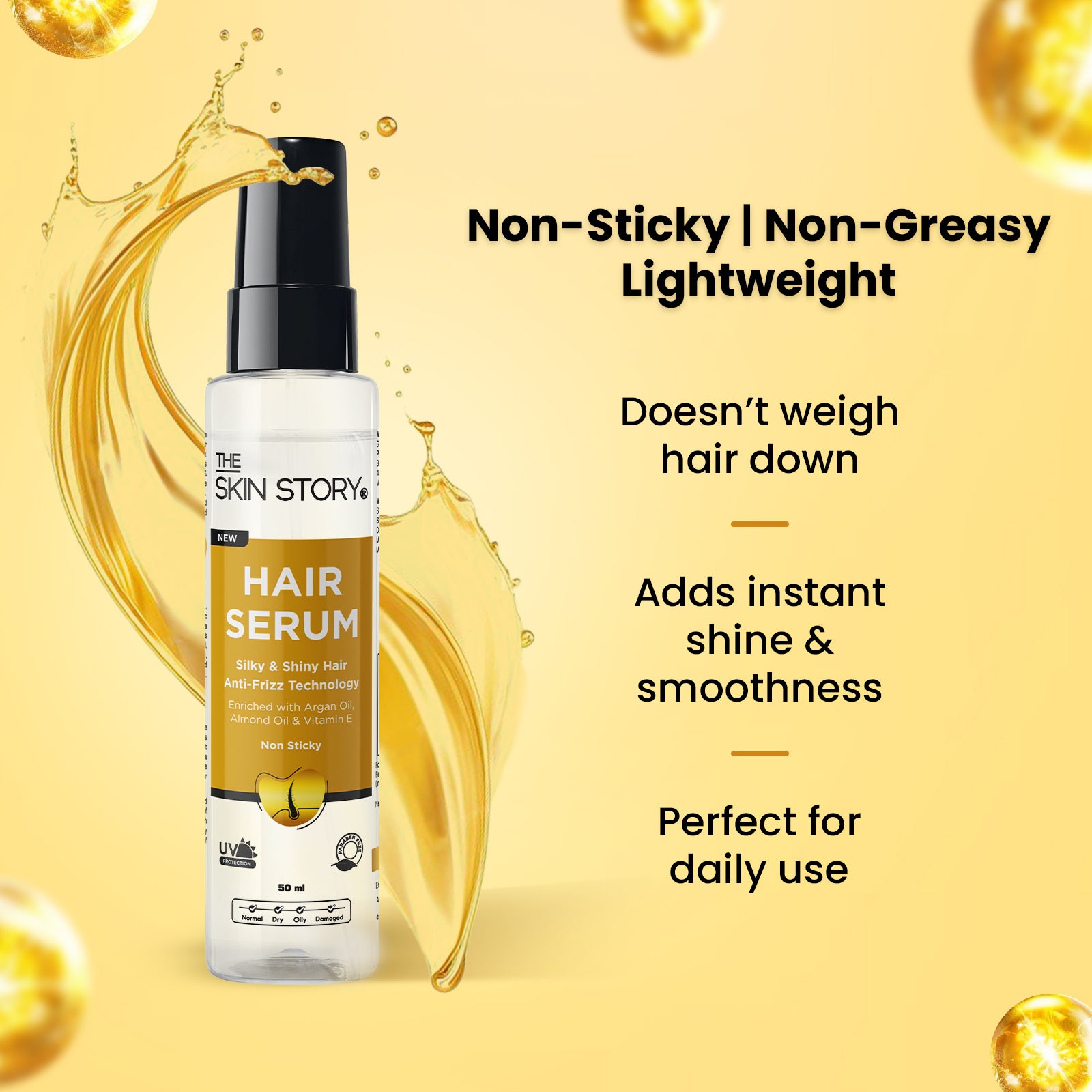 Anti-Frizz Hair Serum | Non-Sticky & UV Protection | Argan Oil & Almond Oil | 50ml