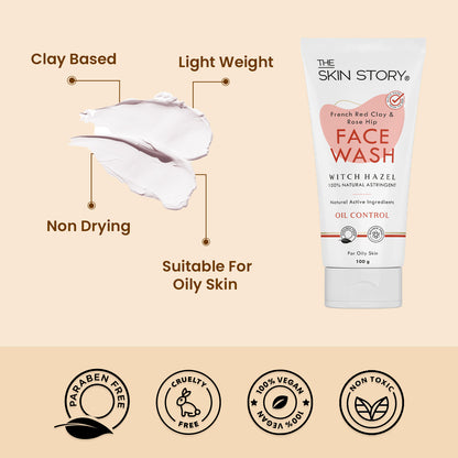 Oil Control Facewash | Sensitive &amp; All Skin Types | French Red Clay &amp; Rosehip | 100g