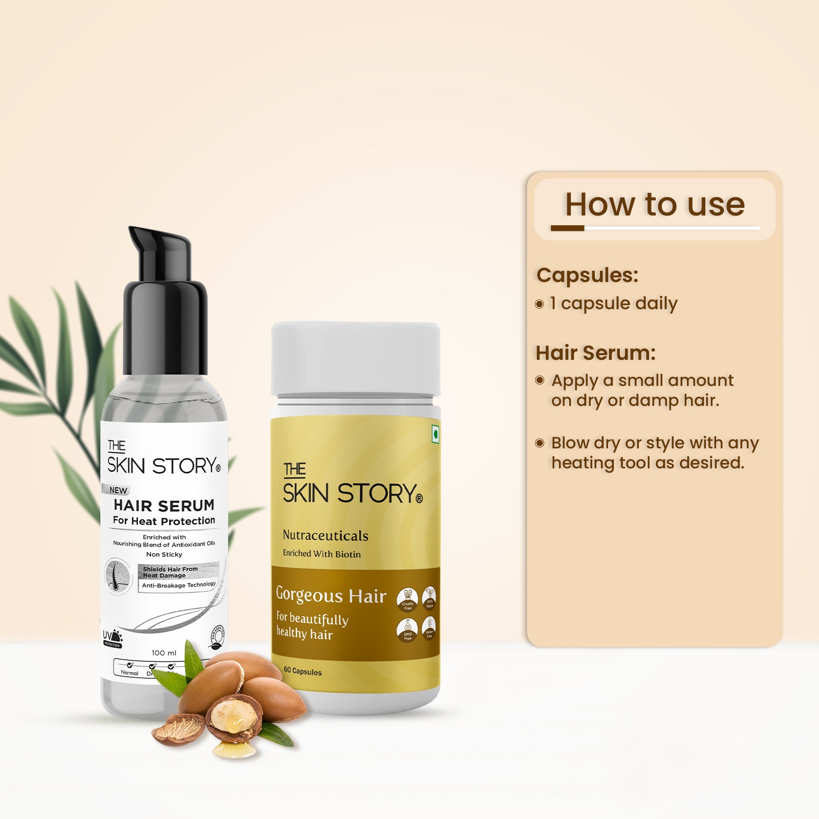 The Skin Story Hair Care for Damage Protection | for Healthy and Beautiful Hair | Gorgeous Hair Multivitamin Capsules, Heat Protection Serum