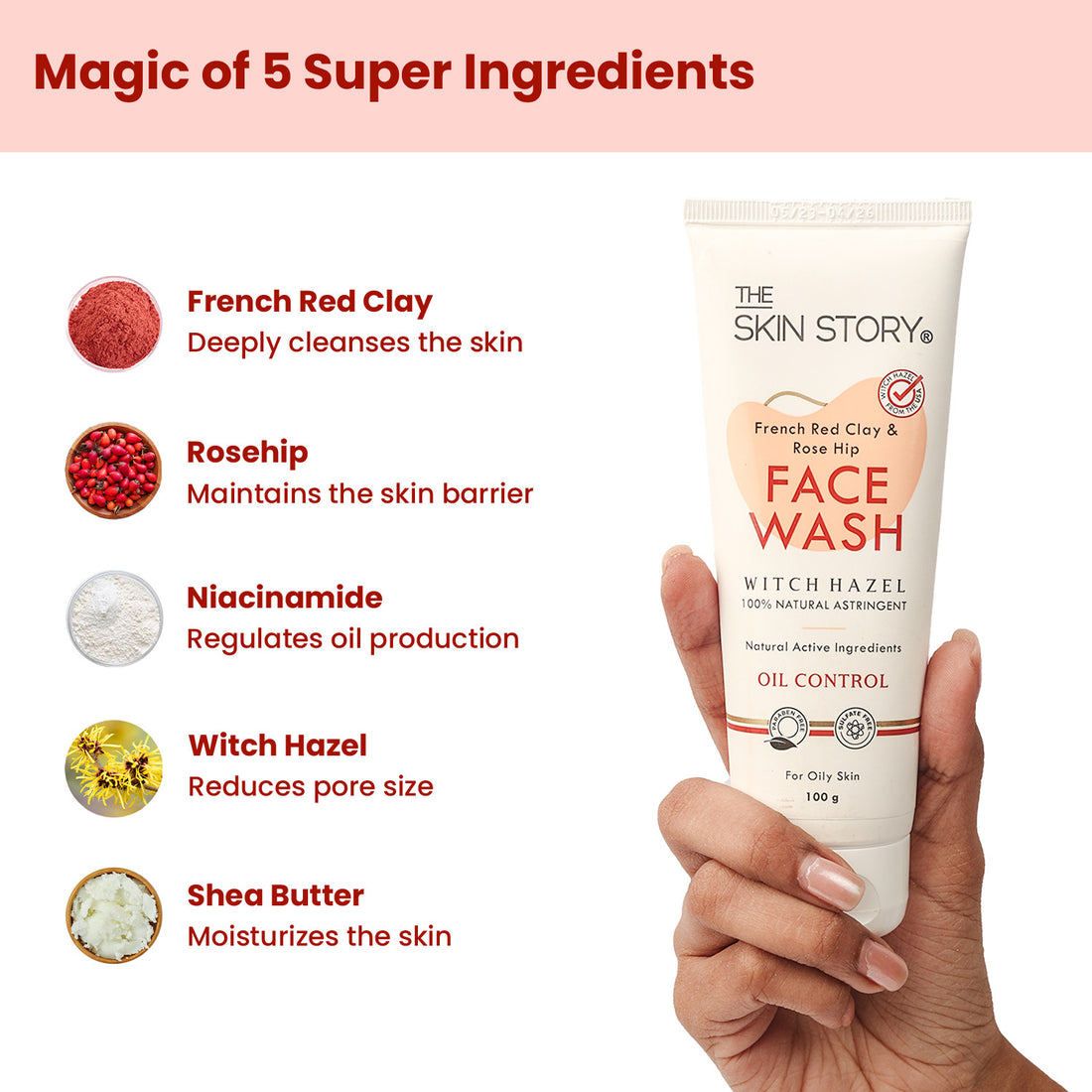 Oil Control Clay Face Wash | Purifies & Balances Oil | French Red Clay & Rosehip | 100g