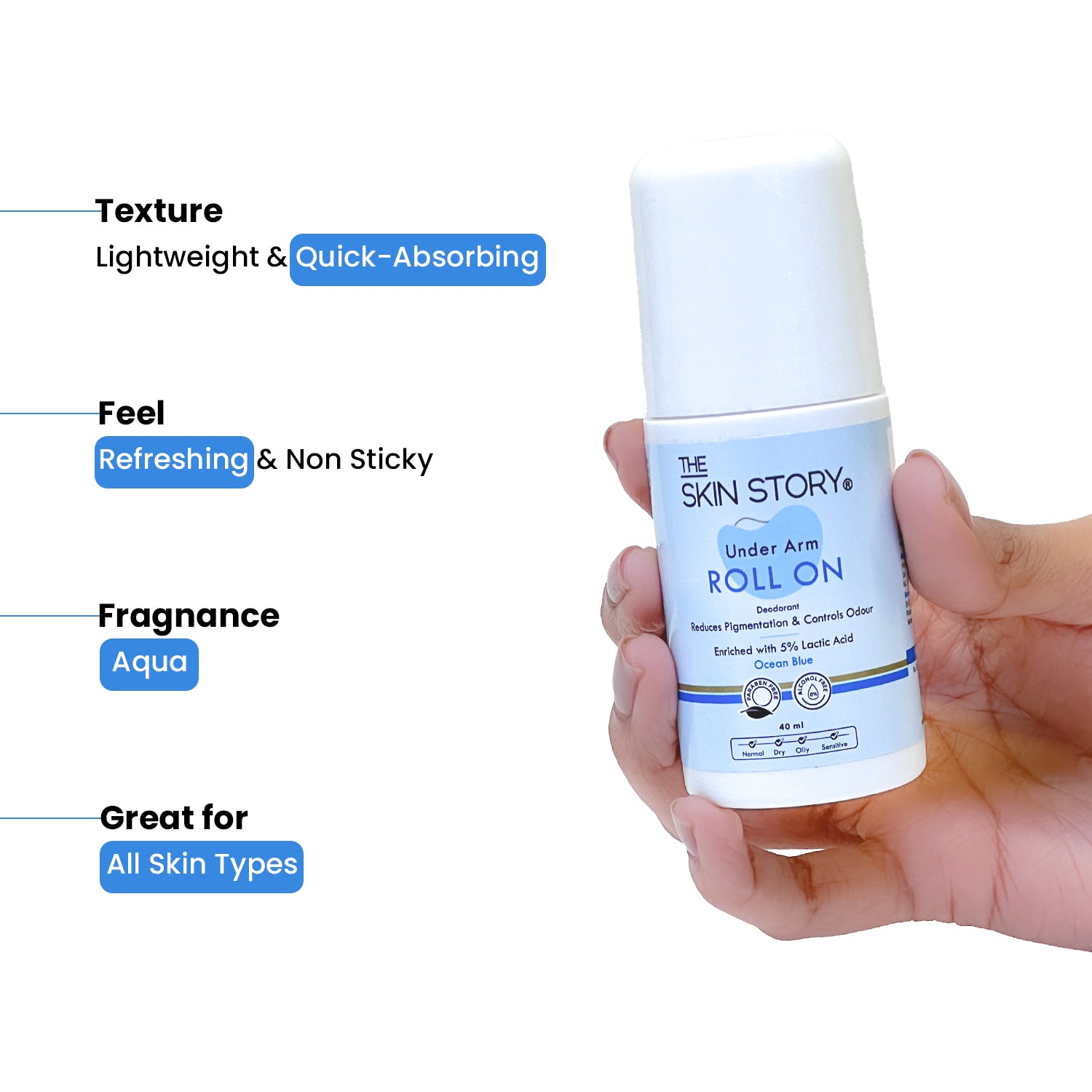 Under Arm Roll On Lactic Acid 5% Odour Control & Reduces Underarm Pigmentation 20 ml