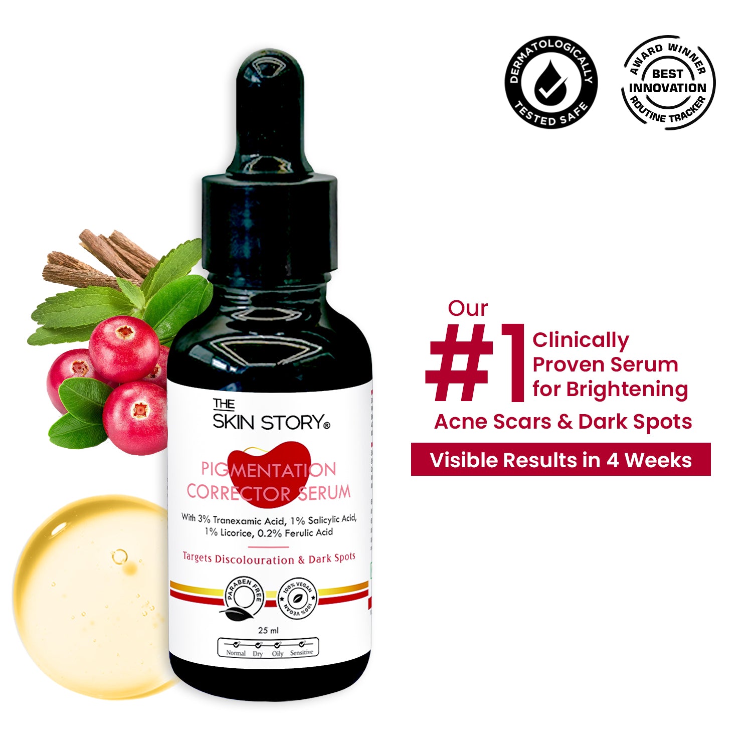 Pigmentation Corrector Serum | 3% Tranexamic Acid, 1% Salicylic Acid, 1% Licorice & 0.2% Ferulic Acid | Reduces Pigmentation & Brightens | 25ml