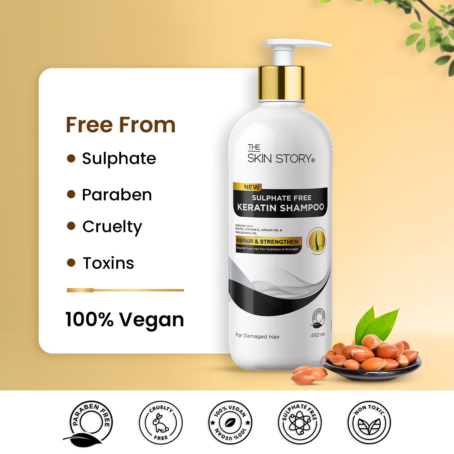 Sulphate Free Keratin Shampoo Strengthens & Repairs Keratin Vitamin E & Argan Oil 450ml