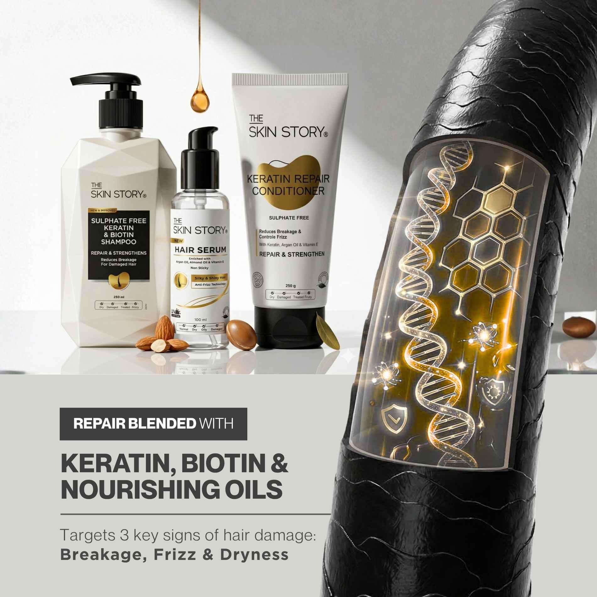 Damaged Hair 3 steps-Sulphate Free Shampoo+Conditioner+Heat Protectant Serum