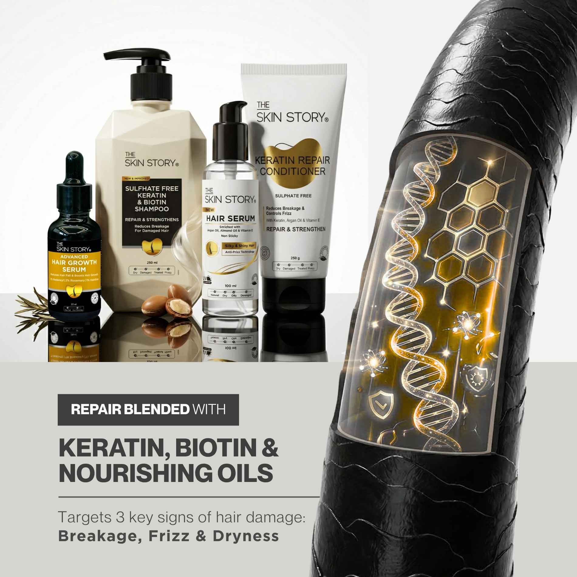 Damaged Hair 4 steps-Sulphate Free Shampoo+Conditioner+Heat Protectant Serum+Hair Growth Serum