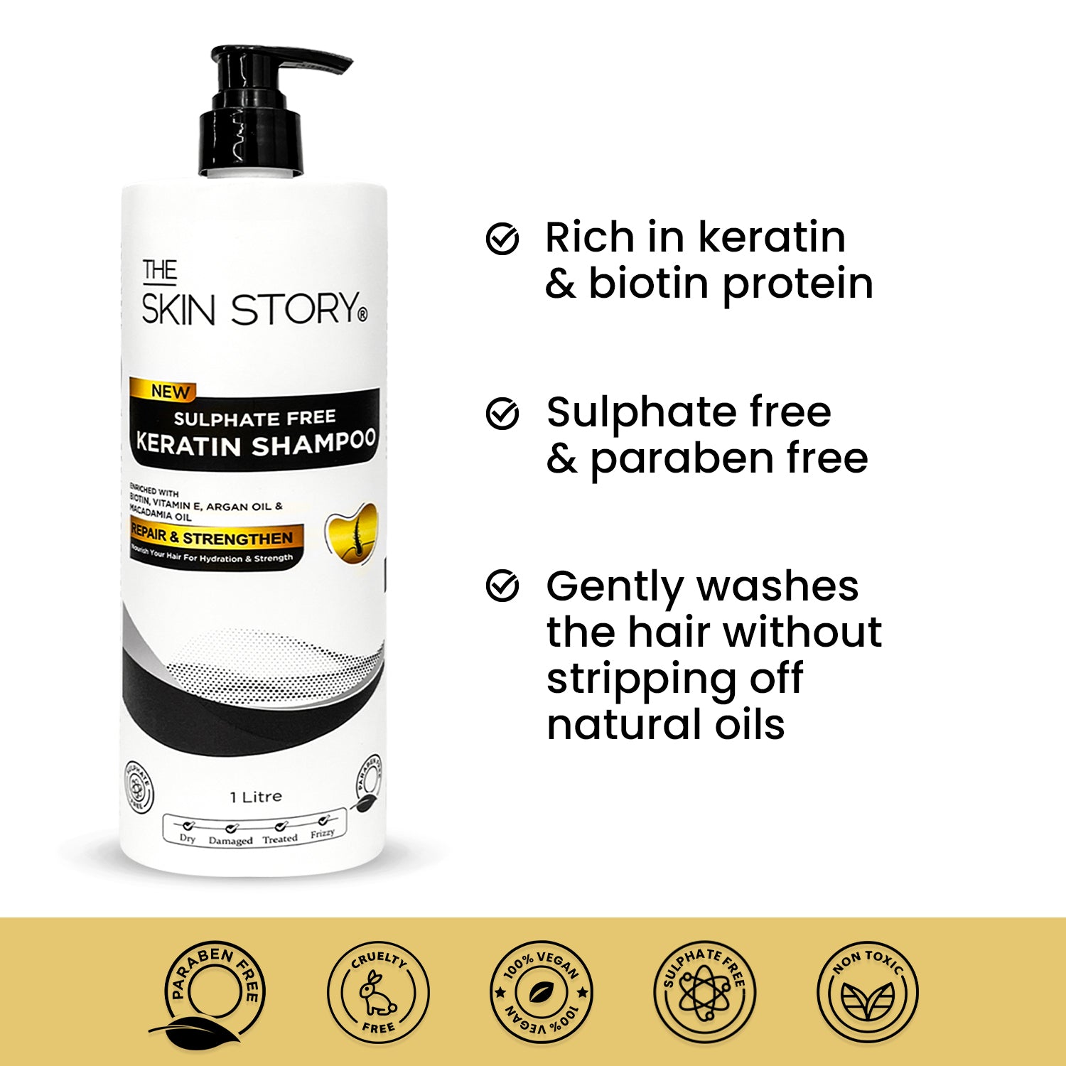 Sulphate Free Keratin & Biotin Shampoo Repairs Damaged Hair 1 Litre