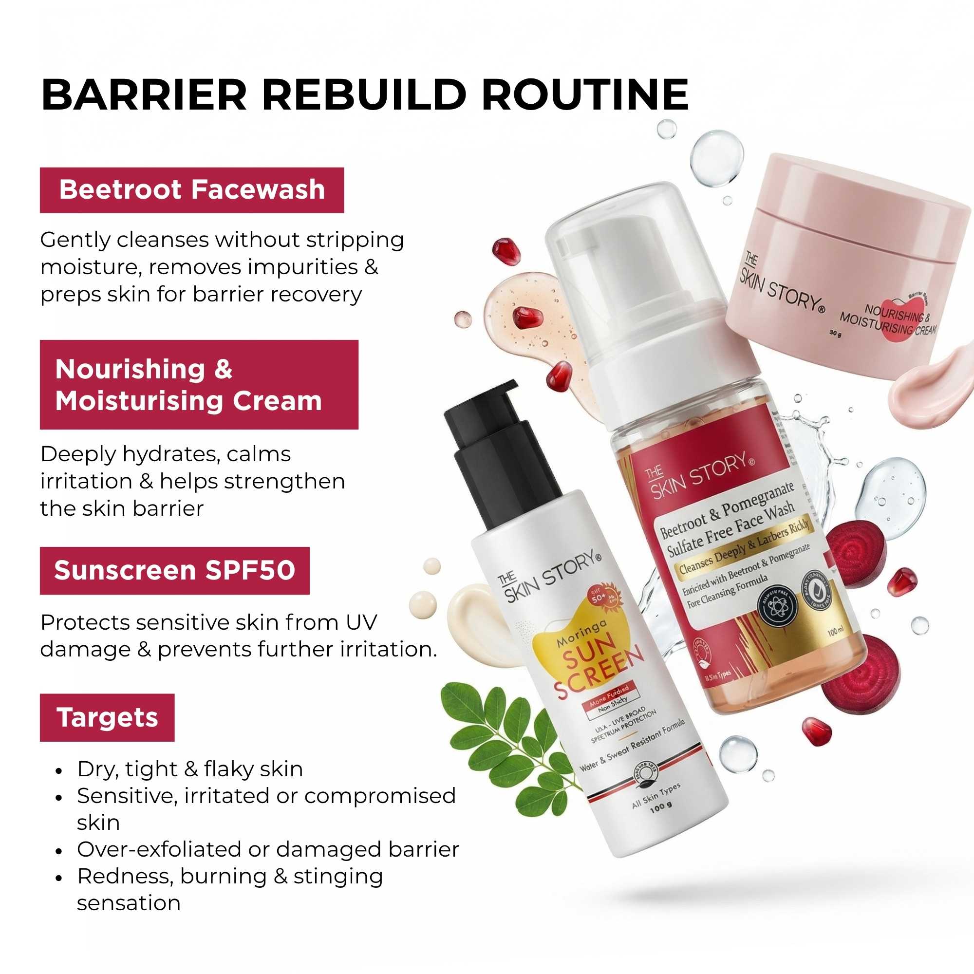 Barrier Rebuild 3 Step - Facewash + Cream+Sunscreen SPF50 - The Skin Story -