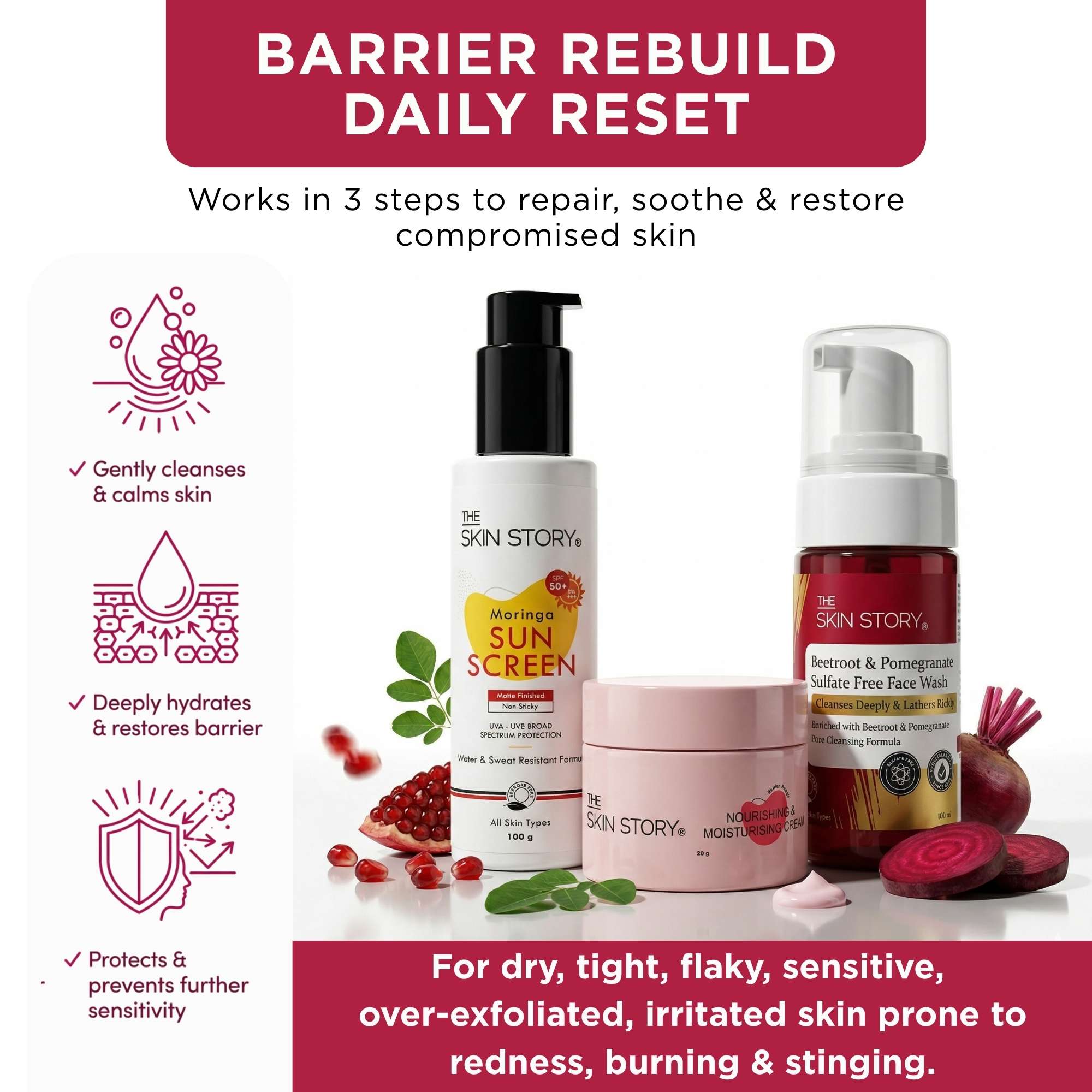Barrier Rebuild 3 Step - Facewash + Cream+Sunscreen SPF50 - The Skin Story -