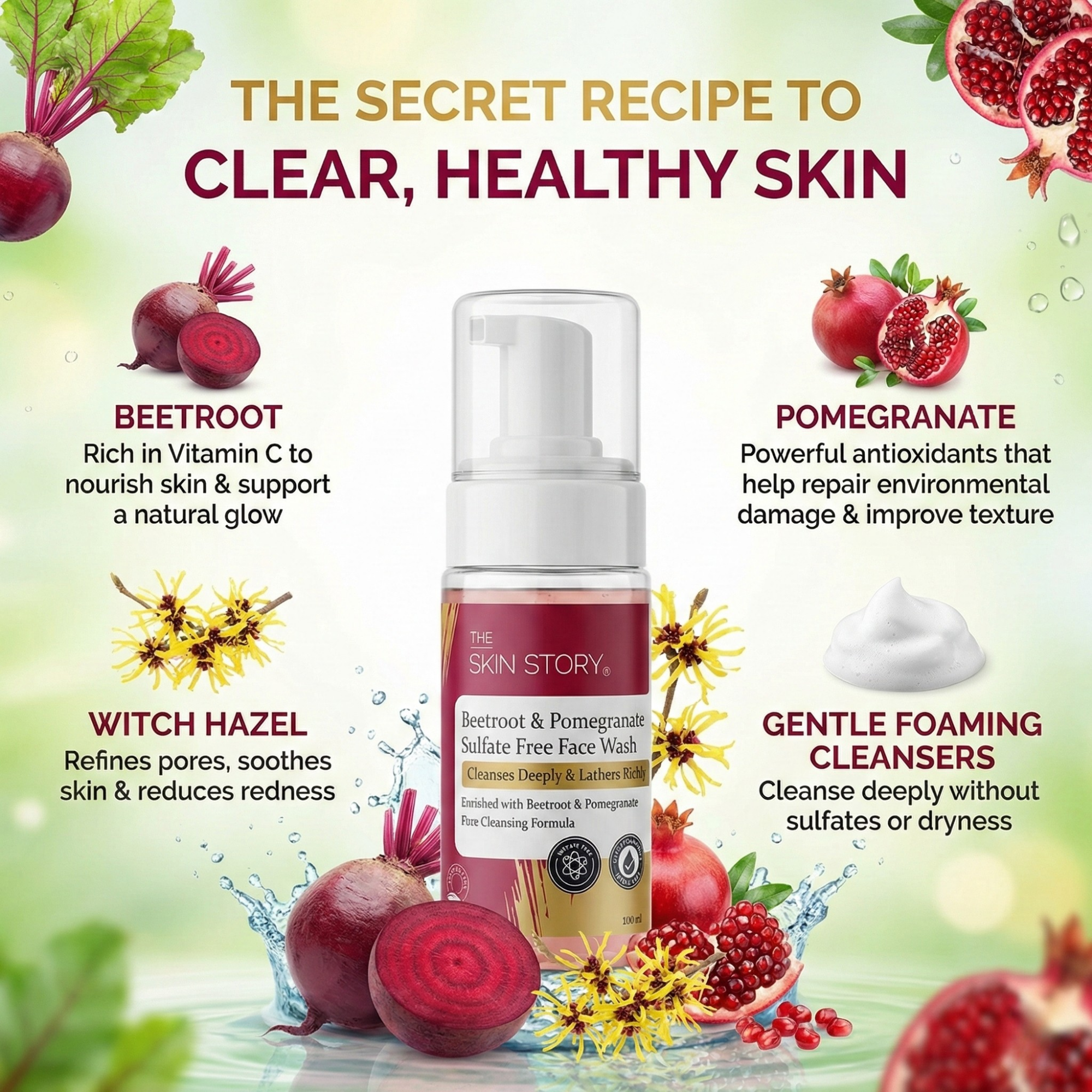 Beetroot & Pomegranate Foaming Face Wash – Sensitive Skin Formula - The Skin Story -