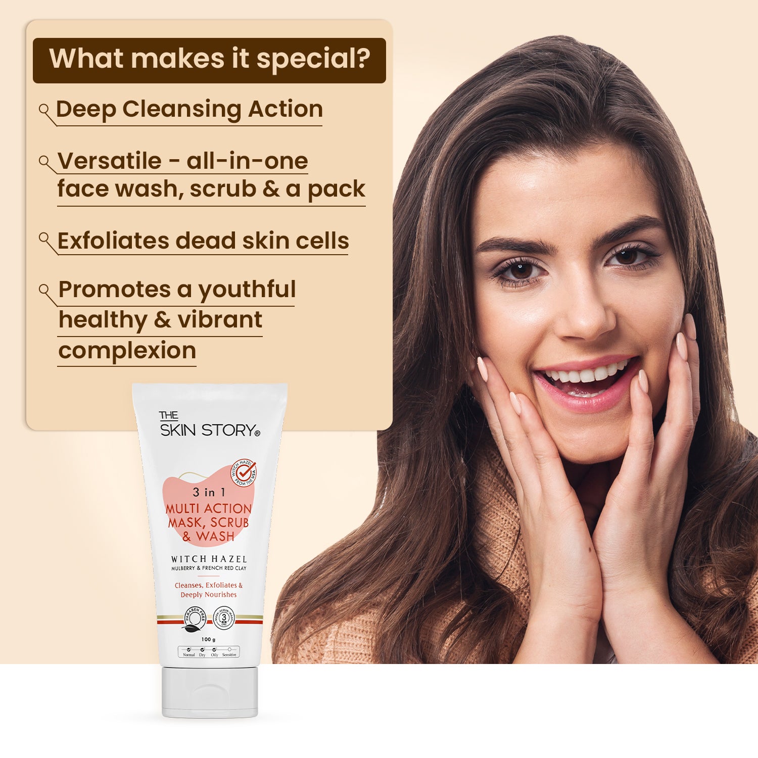 3 in 1 Wash, Scrub & Pack Deep Cleanses & Exfoliates Witch Hazel, Mulberry & French Red Clay 100g