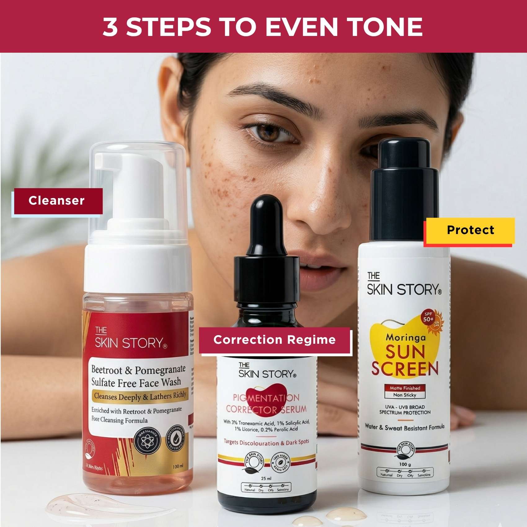 Early Onset Pigmentation 3 steps - Facewash+Corrector Serum+Sunscreen SPF50 - The Skin Story -