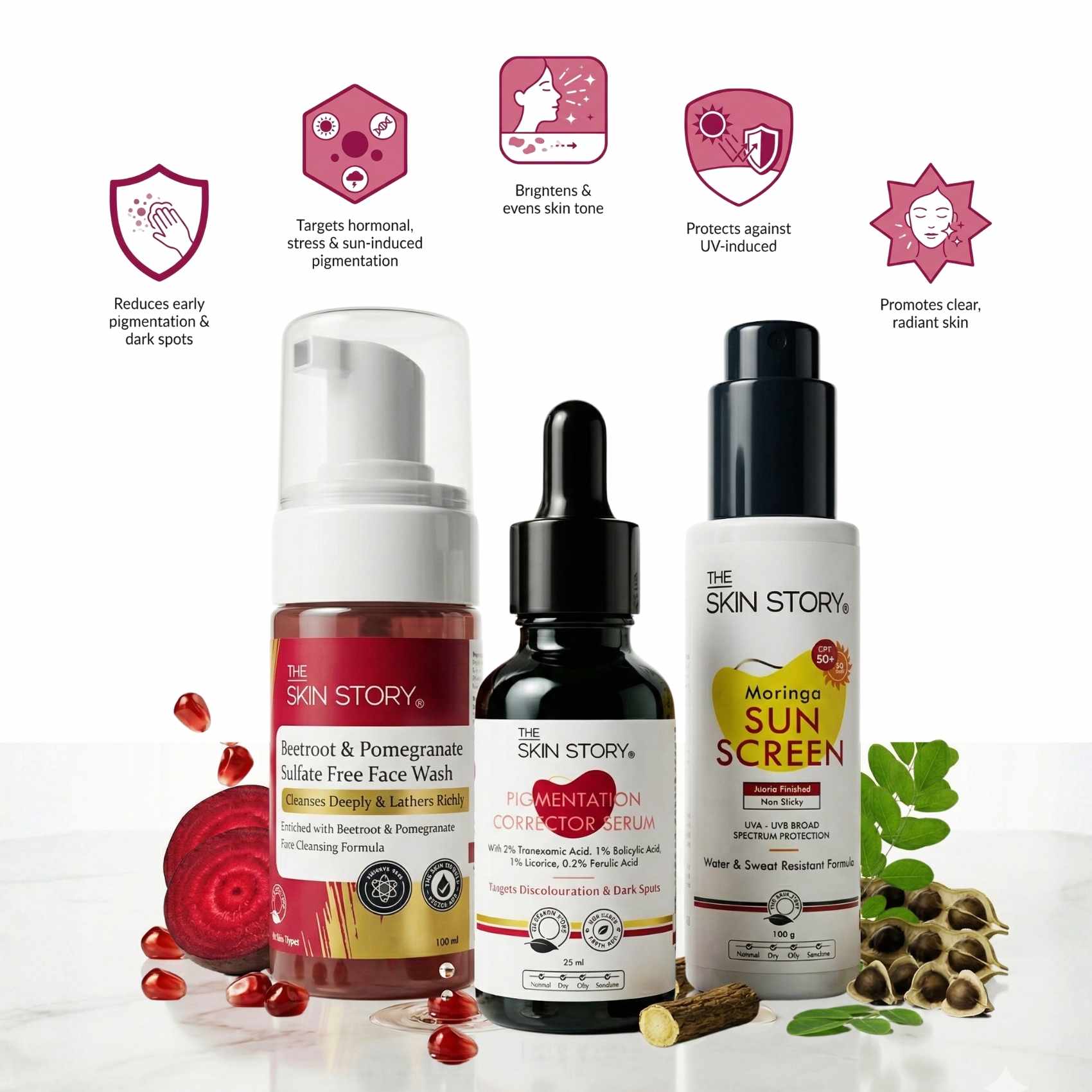 Early Onset Pigmentation 3 steps - Facewash+Corrector Serum+Sunscreen SPF50 - The Skin Story -