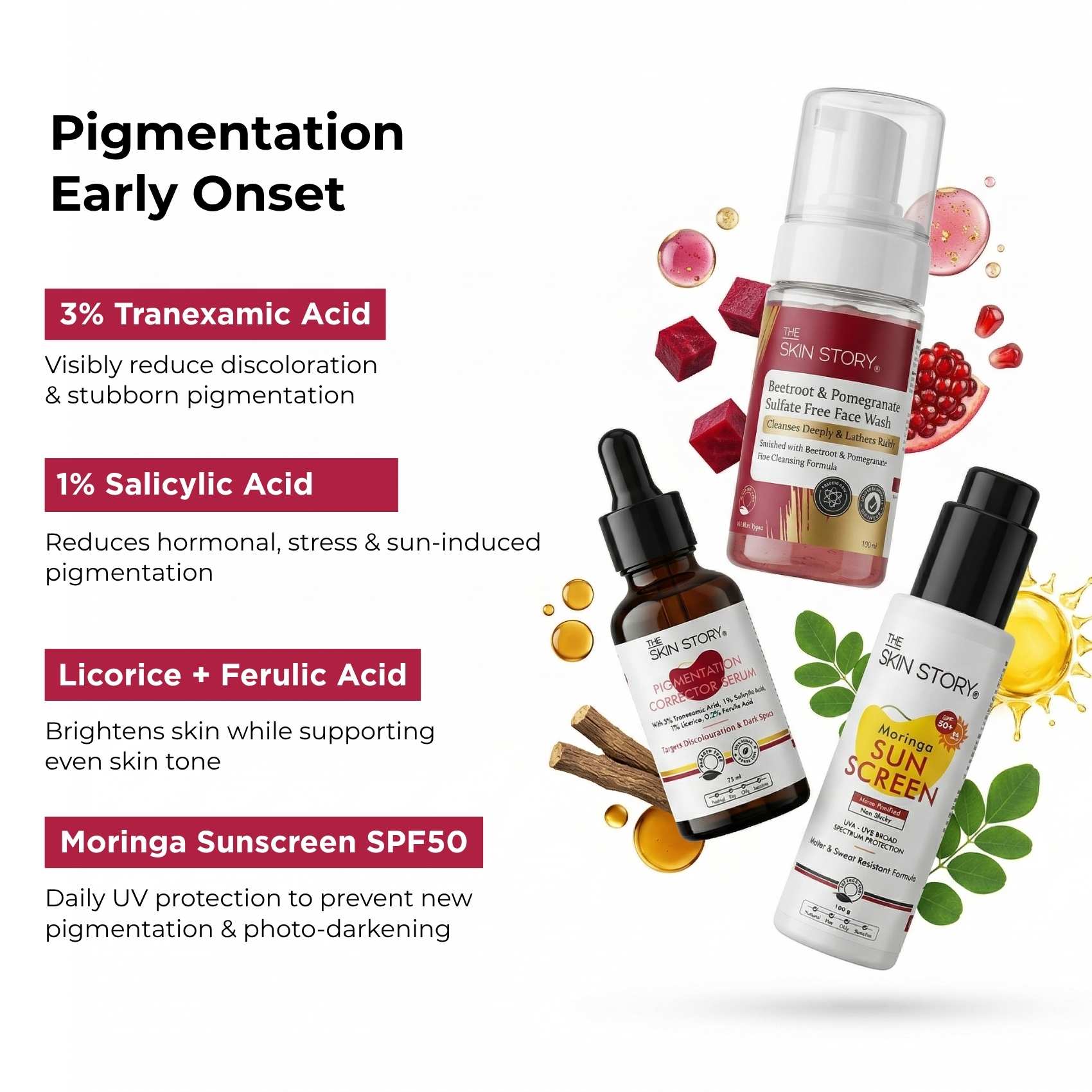 Early Onset Pigmentation 3 steps - Facewash+Corrector Serum+Sunscreen SPF50 - The Skin Story -