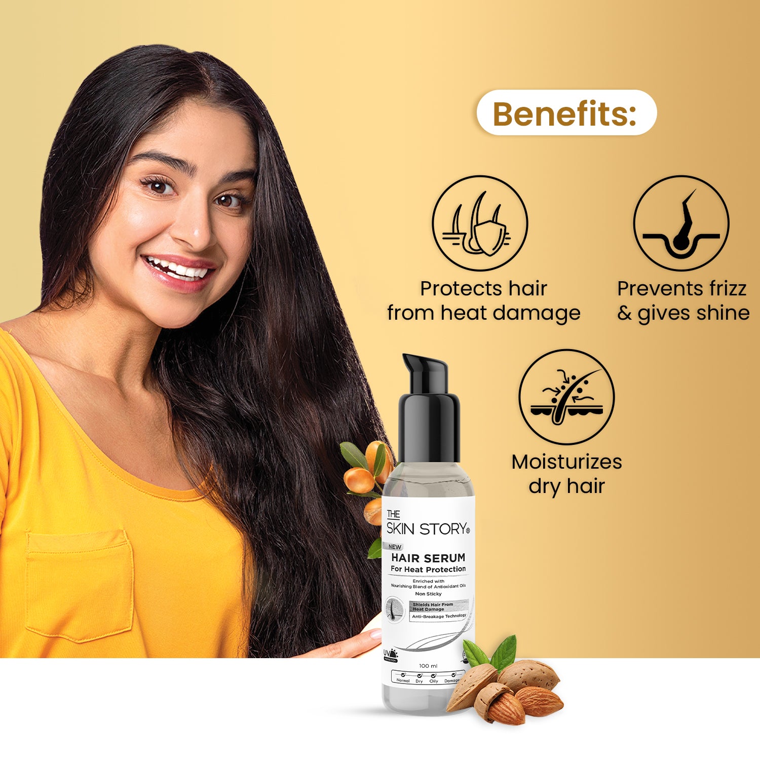 Heat Protection Hair Serum Enriched with Argan, Almond & Coconut Oil Non sticky 100ml