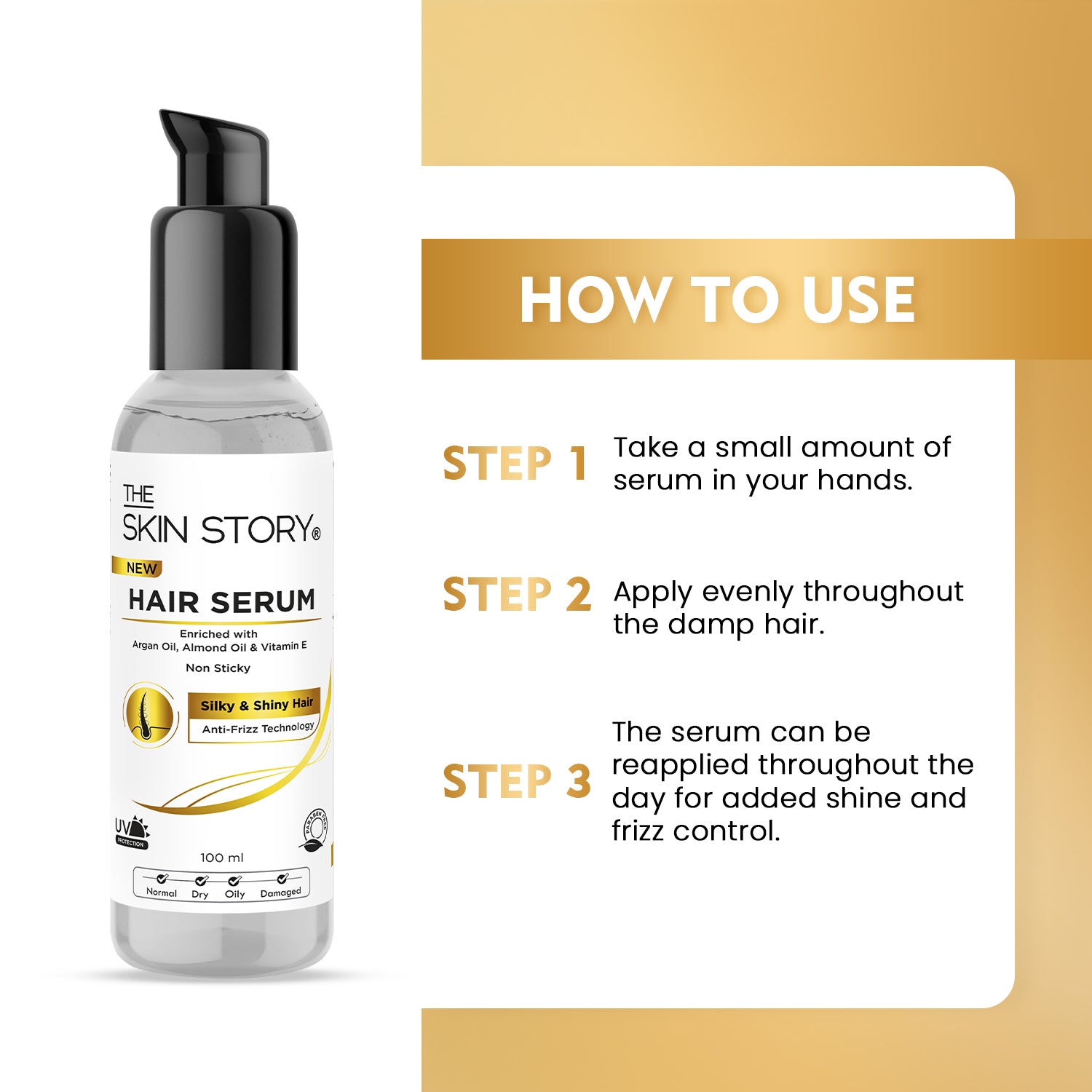 Anti-Frizz Hair Serum | Non-Sticky & UV Protection | Argan Oil & Almond Oil | 100ml
