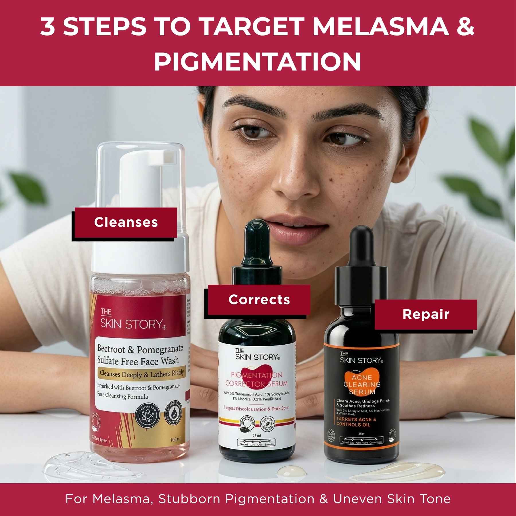 Melesma 3 Steps - Facewash+Serums - The Skin Story -