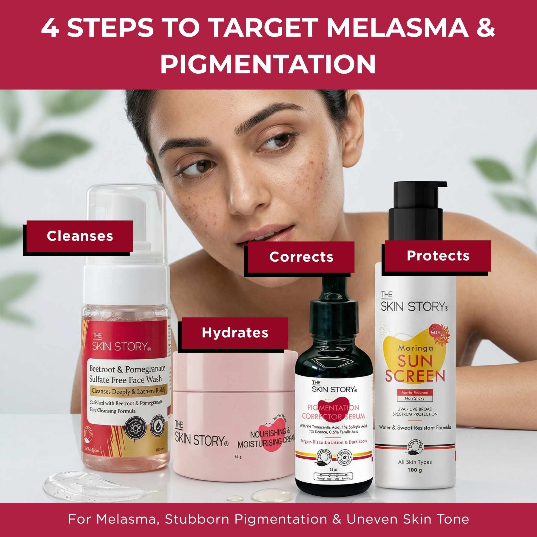 Melesma 4 Steps - Facewash+Serums+Moisturising Cream+Sunscreen SPF50 - The Skin Story -