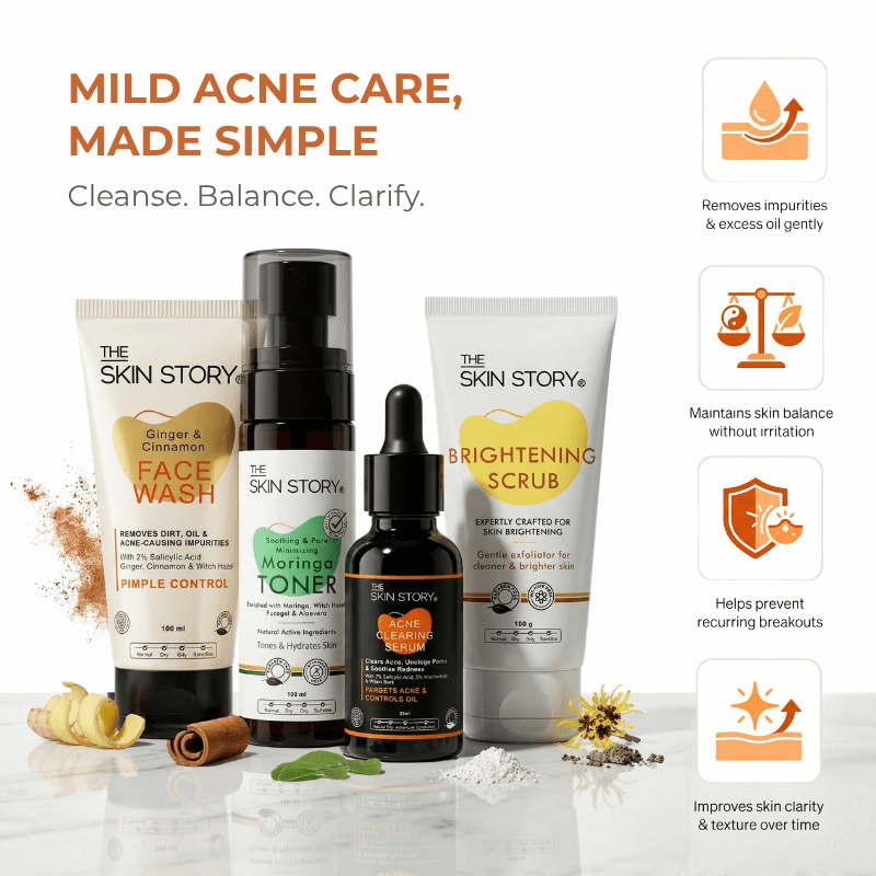 Mild Acne Starter Regime 4 steps Ginger Cinnamom Facewash Toner Brightening Scrub - 1 x week Acne Clearing Serum Mild Acne 4 - Step Starter Routine with Toner & Scrub - The Skin Story -
