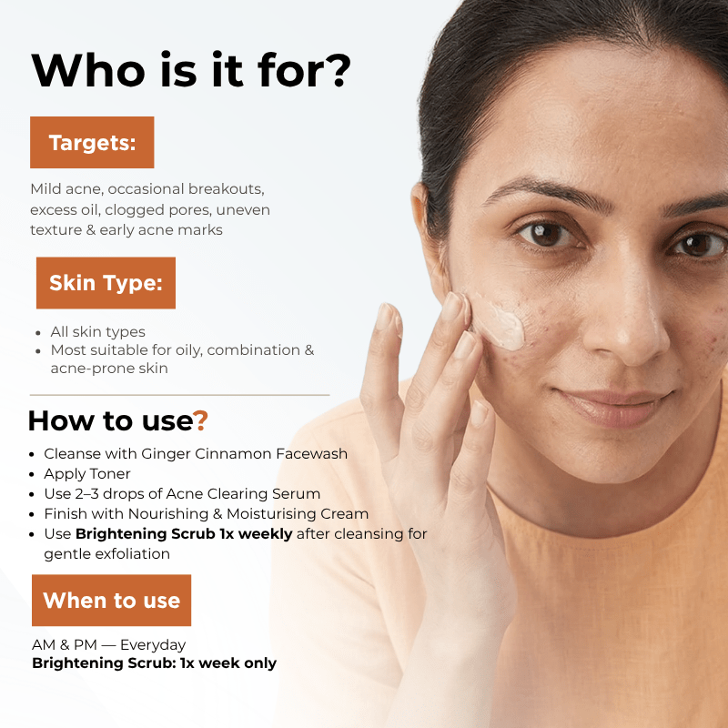 Mild Acne Starter Regime 5 steps Ginger Cinnamom Facewash Toner Brightening Scrub - 1 x week Acne Clearing Serum Nourishing & Moisturising Cream Mild Acne 5 - Step Starter Routine with Toner, Scrub & Moisturiser - The Skin Story -