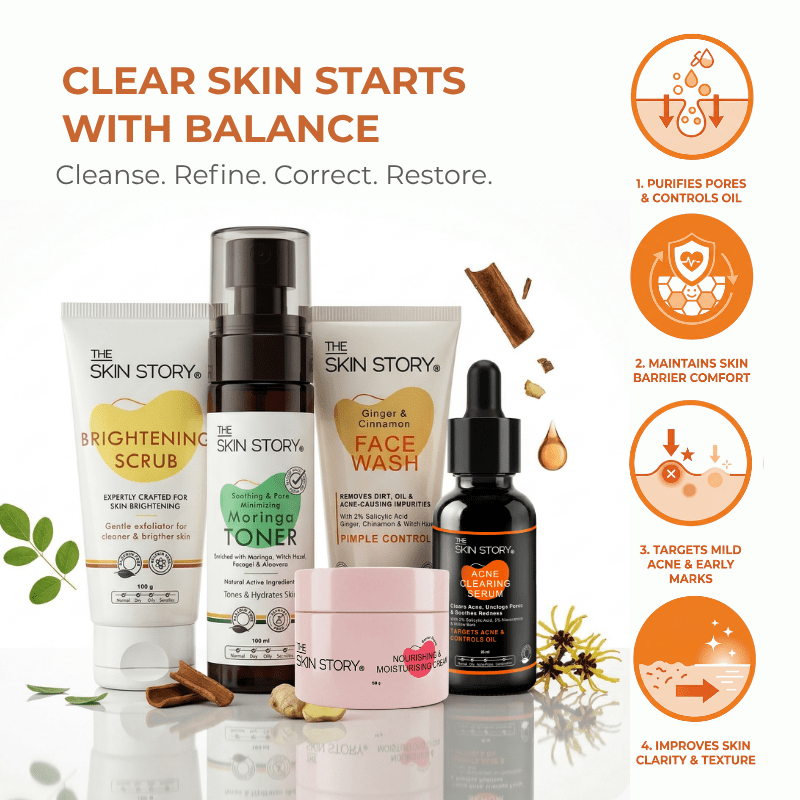 Mild Acne Starter Regime 5 steps Ginger Cinnamom Facewash Toner Brightening Scrub - 1 x week Acne Clearing Serum Nourishing & Moisturising Cream Mild Acne 5 - Step Starter Routine with Toner, Scrub & Moisturiser - The Skin Story -