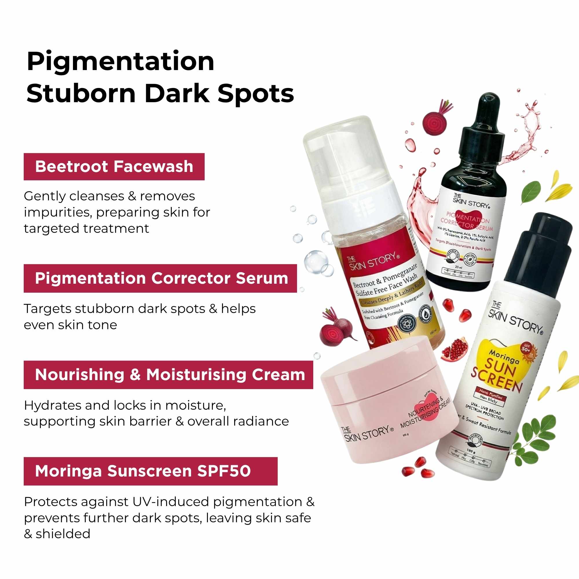 Stuborn Dark Spots 4 Steps - Facewash+Serum+ Moisturising Cream+Sunscreen SPF50 - The Skin Story -
