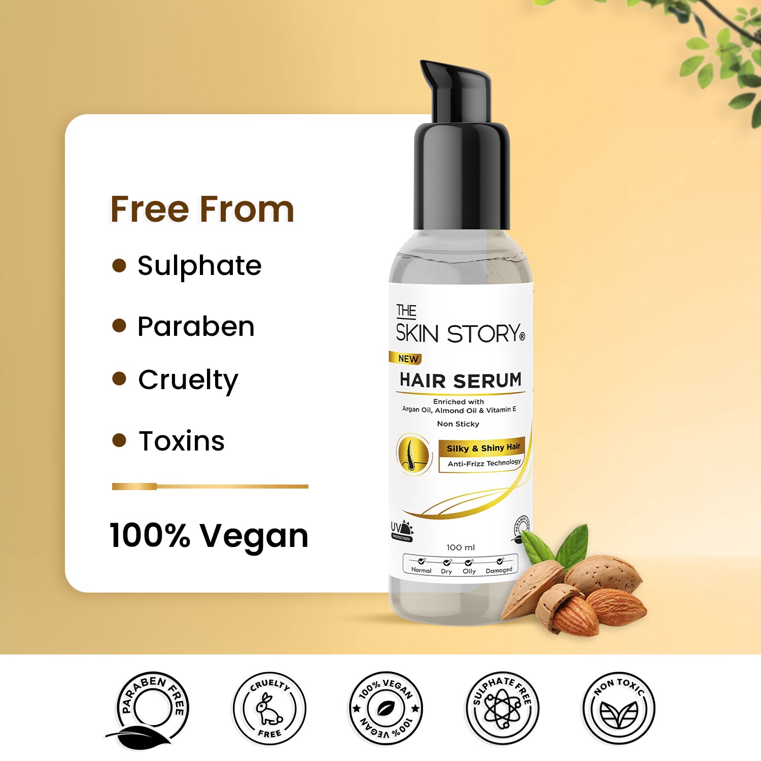 Anti-Frizz Hair Serum | Non-Sticky & UV Protection | Argan Oil & Almond Oil | 100ml