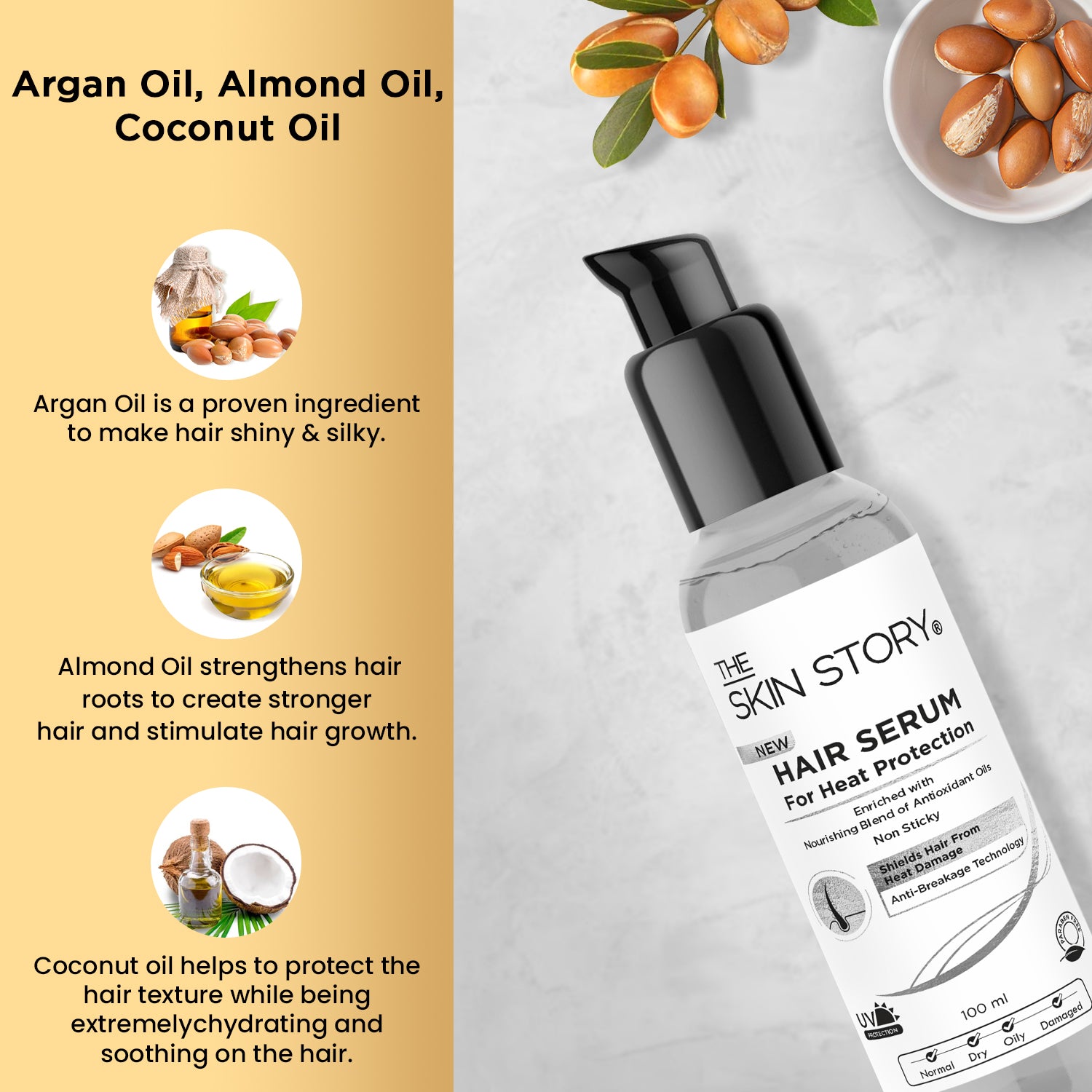 Heat Protection Hair Serum Enriched with Argan, Almond & Coconut Oil Non sticky 100ml