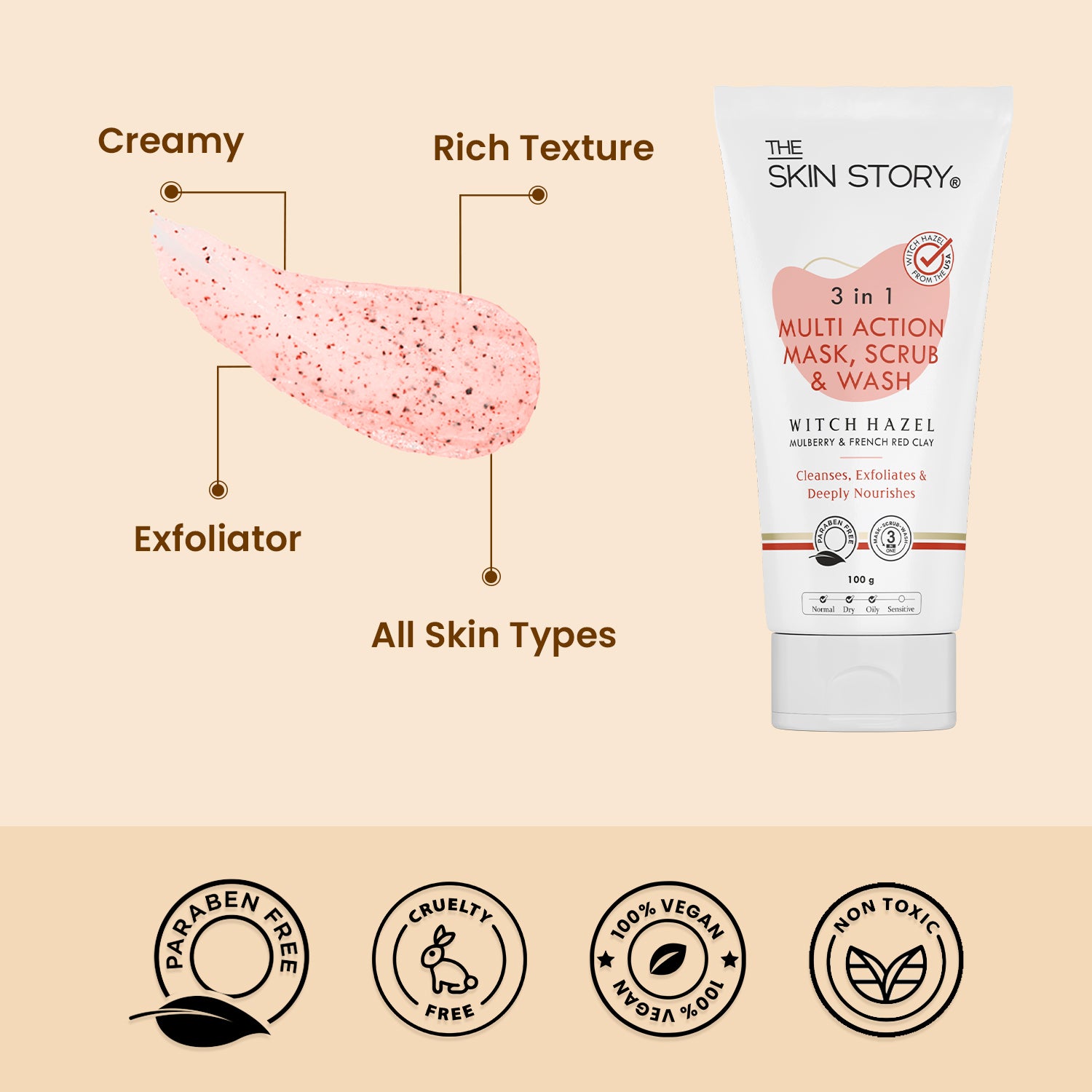 3 in 1 Wash, Scrub & Pack Deep Cleanses & Exfoliates Witch Hazel, Mulberry & French Red Clay 100g