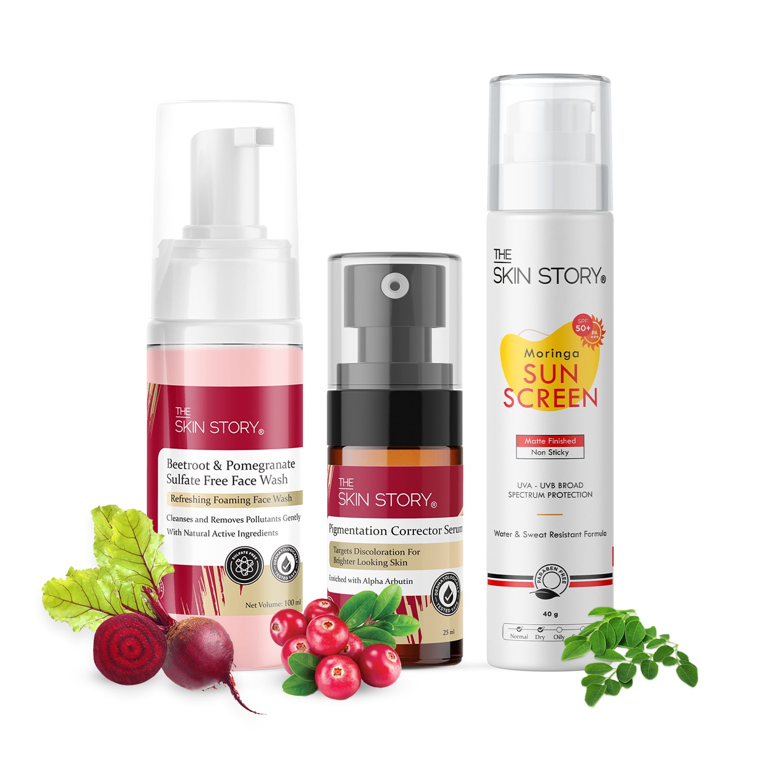 The Skin Story Goodbye  Pigmentation Trio (CTP) (The Skin Story Beetroot &amp; Pomegranate Sulfate Free Foaming Facewash, 100ml The Skin Story Pigmentation Corrector Serum, 25ml The Skin Story Moringa Sunscreen SPF 50, 40g)