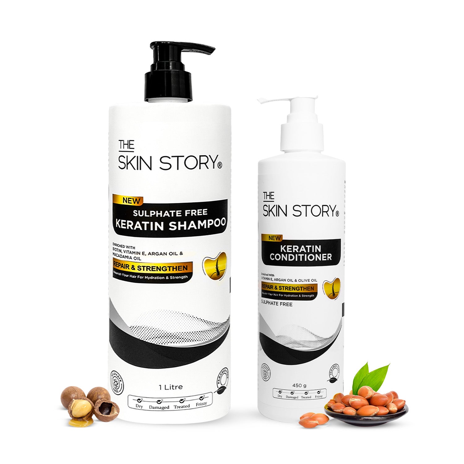 The Skin Story Sulphate Free Keratin Shampoo &amp; Conditioner Combo | Shine, Smooth &amp; Frizz-Free Hair | Damage Repair | 1Litre + 450g