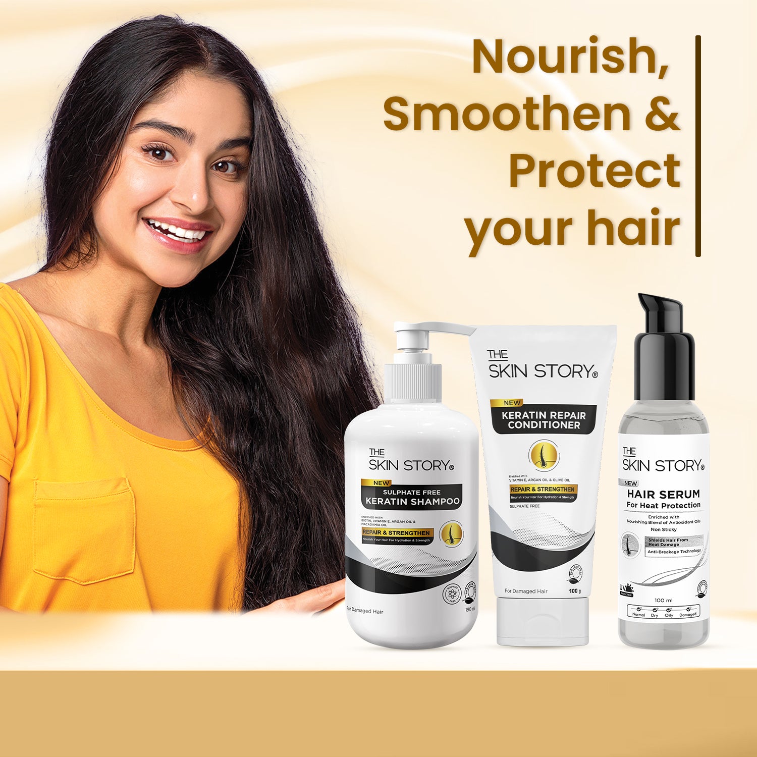 The Skin Story Hair Styling Essentials (CTP) (The Skin Story Sulphate Free Shampoo, 190ml The Skin Story Sulphate Free Conditioner, 100g The Skin Story Heat Protection Serum, 100ml)