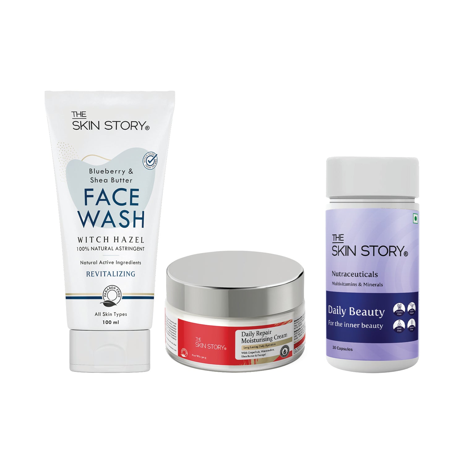 Complete Care Combo | Blueberry Facewash | Daily Repair Cream | Daily Beauty Multivitamin Tablets | For Normal to Dry Skin