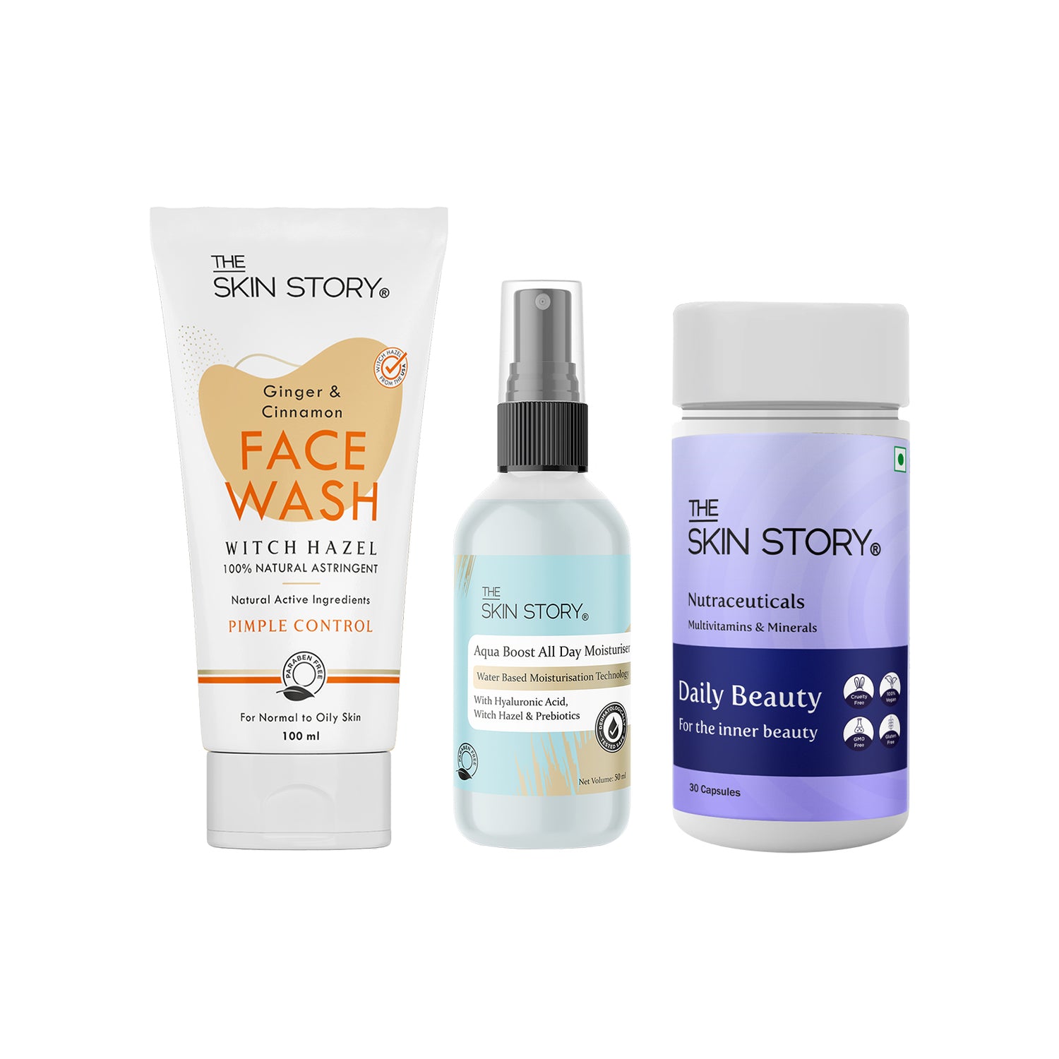 Acne At Bay Skincare Combo | Ginger Cinnamon Facewash | Aqua Boost Liquid Moisturizer | Daily Beauty Multivitamins | for Oily Acne Prone Skin