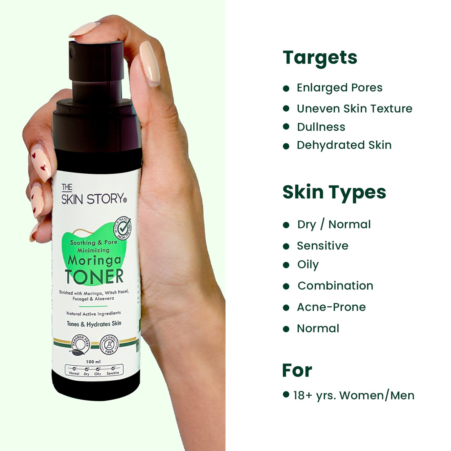 Face Toner Soothing &amp; Pore Minimising Hydrates Skin Moringa Witch Hazel 100ml